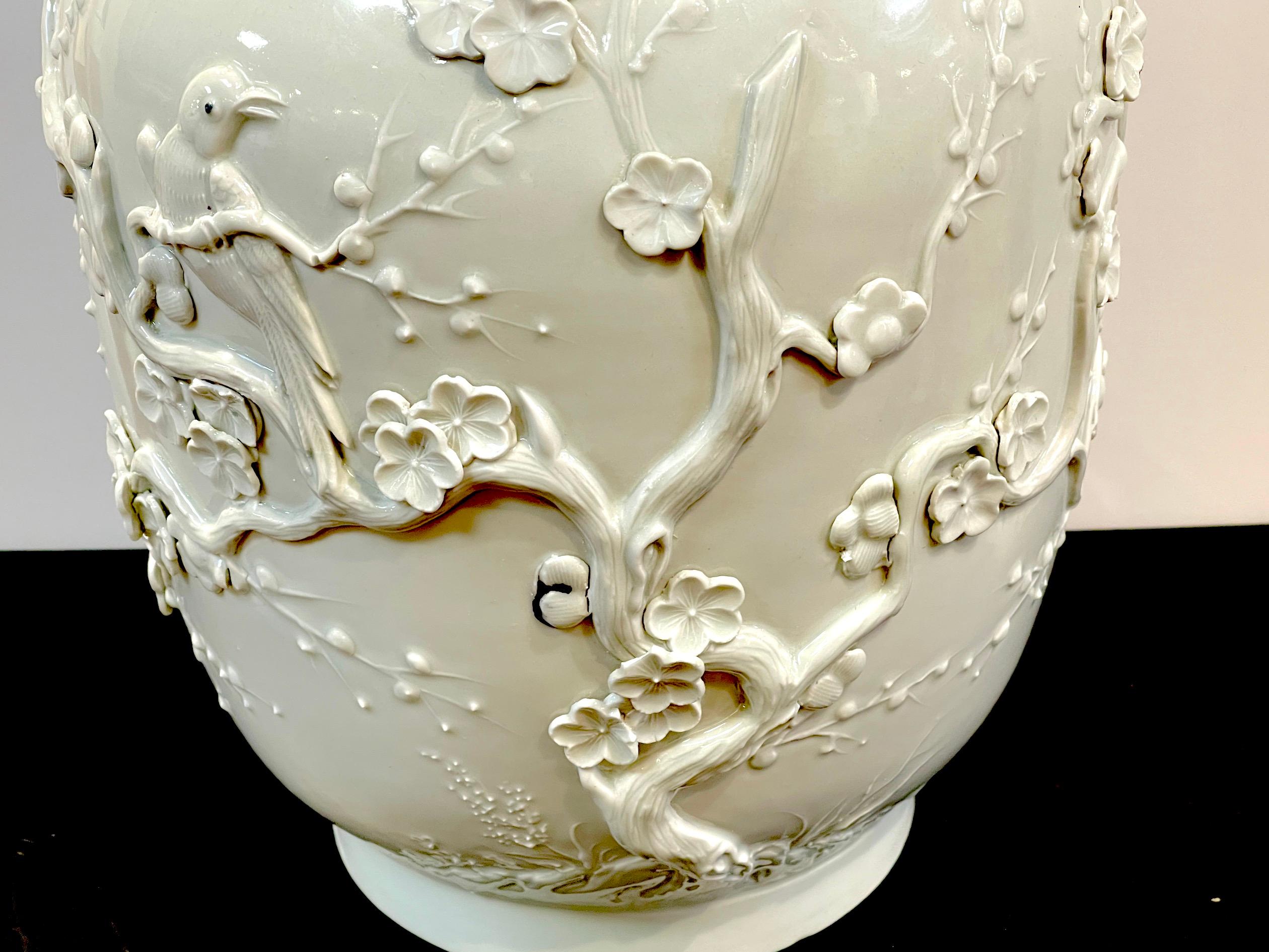 20th Century Chinese Export Blanc de Chine Prunus & Bird Motif Relief Vase, Bulbous  For Sale