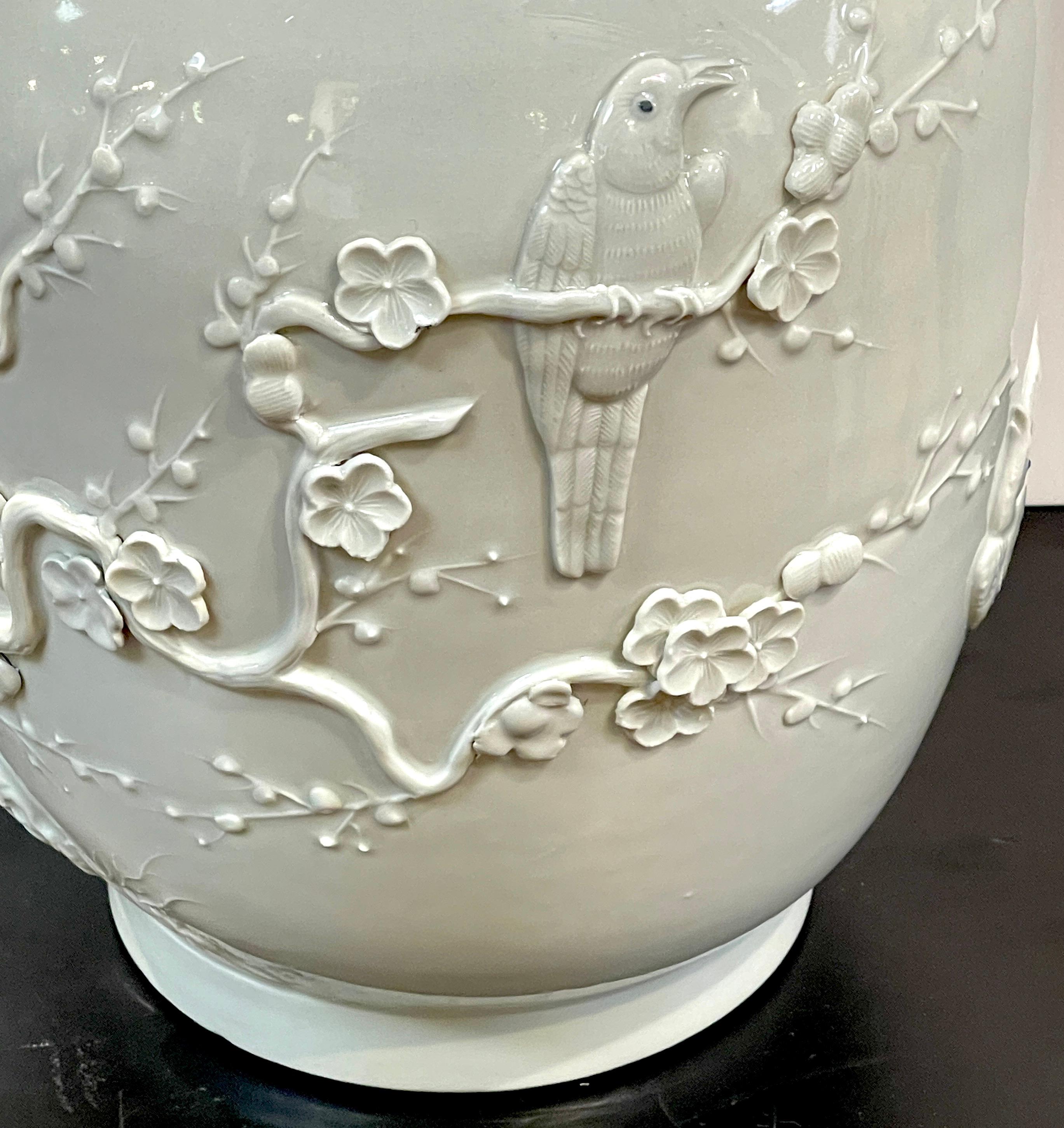 Chinese Export Blanc de Chine Prunus & Bird Motif Relief Vase, Bulbous  For Sale 1