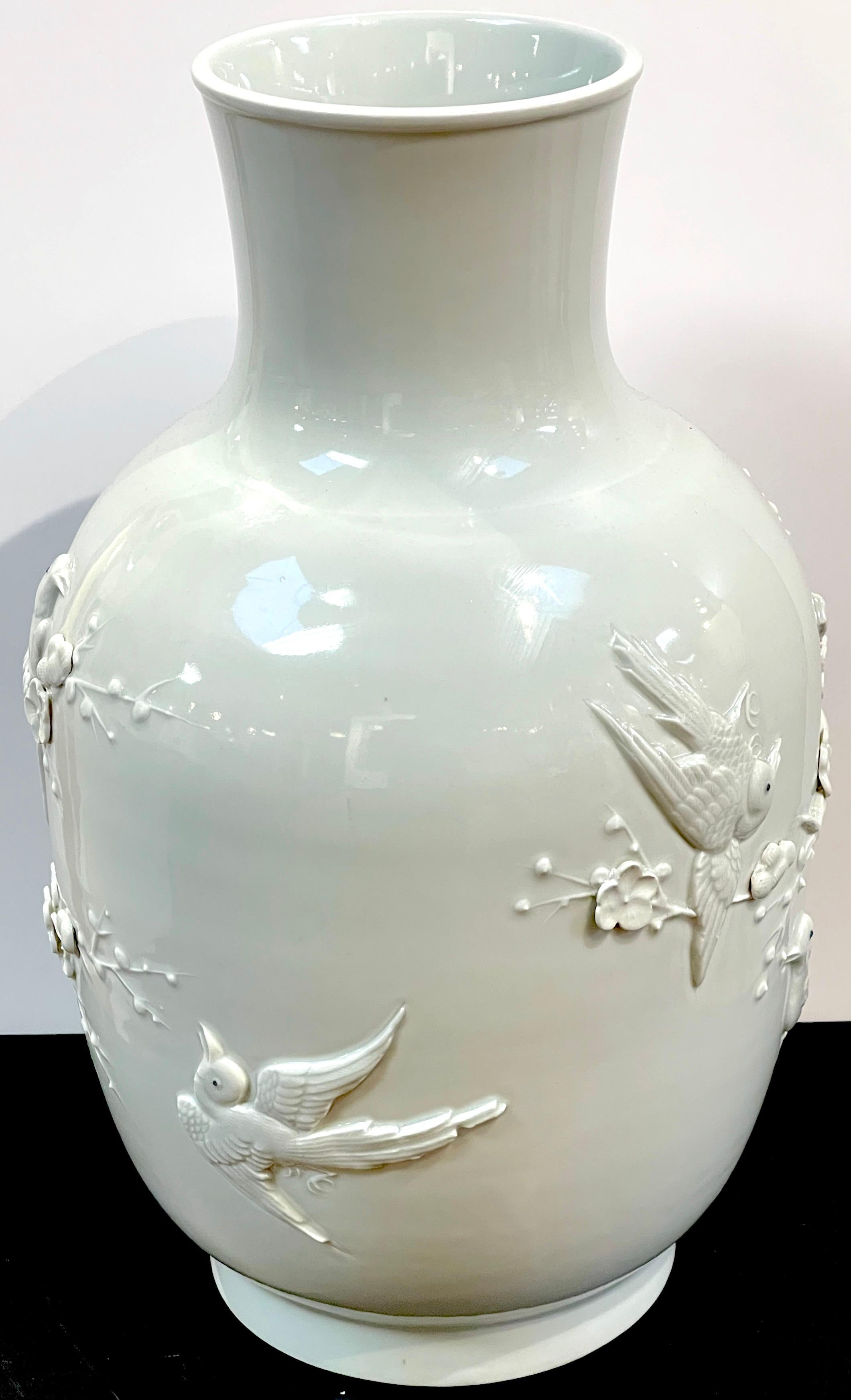 Chinese Export Blanc de Chine Prunus & Bird Motif Relief Vase, Bulbous  For Sale 2