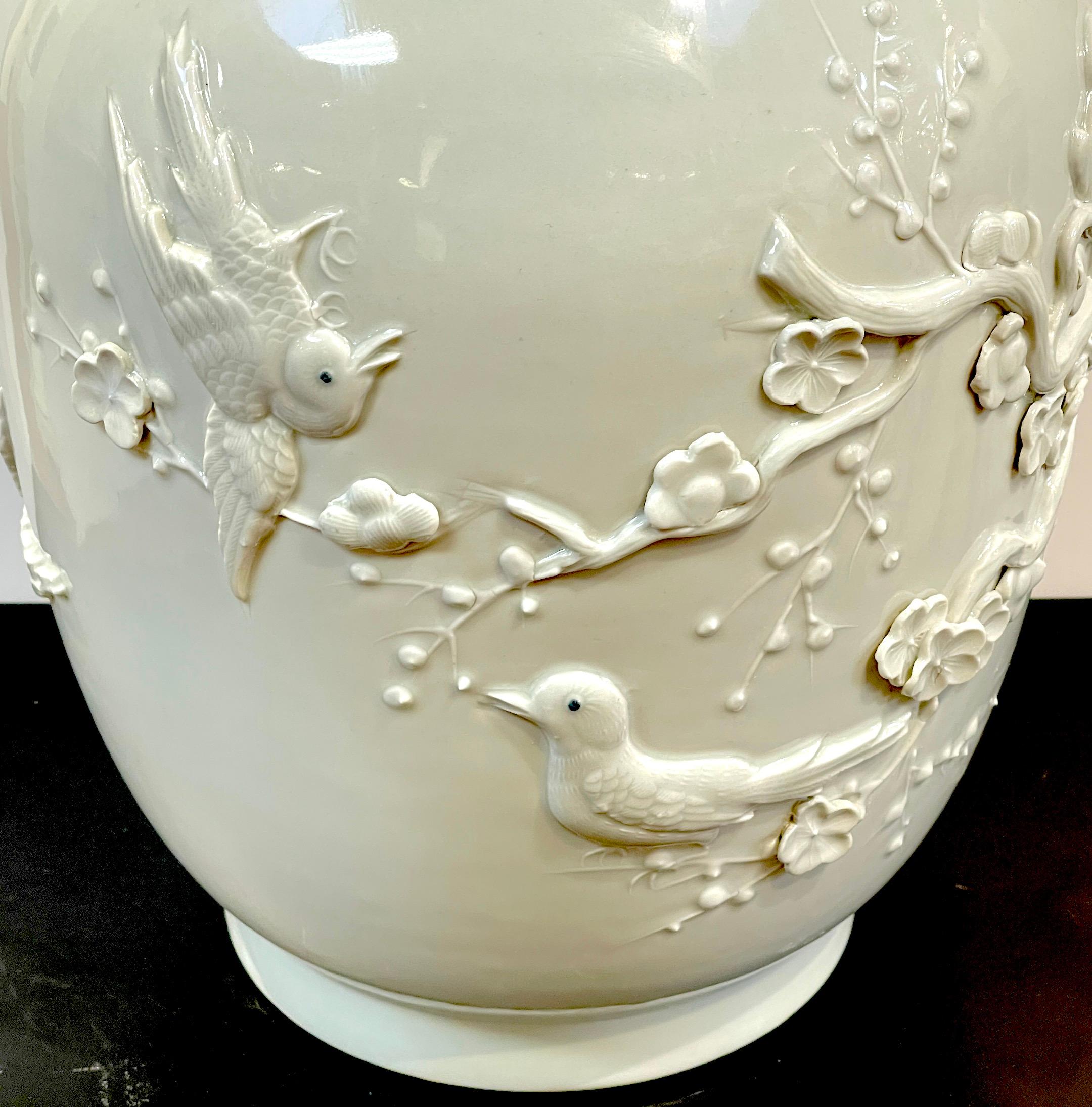 Chinese Export Blanc de Chine Prunus & Bird Motif Relief Vase, Bulbous  For Sale 3