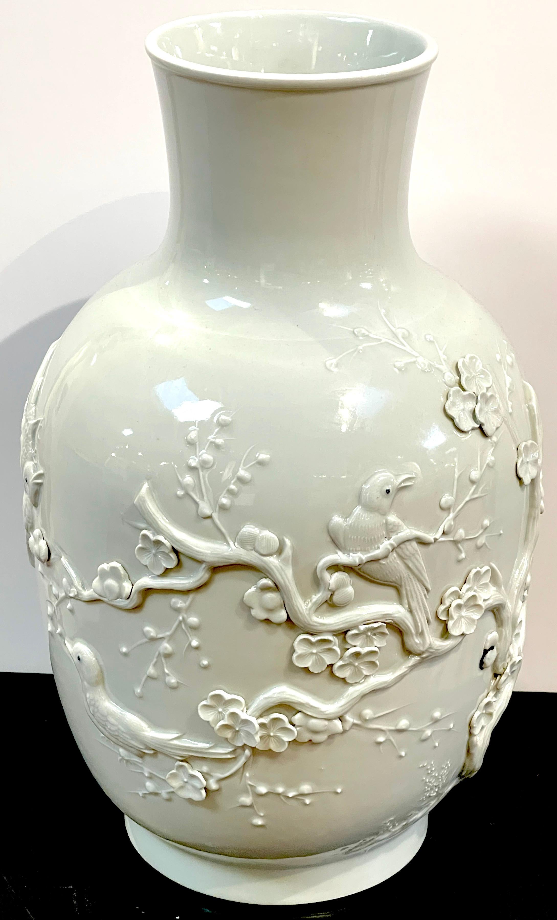 Chinese Export Blanc de Chine Prunus & Bird Motif Relief Vase, Bulbous  For Sale 4
