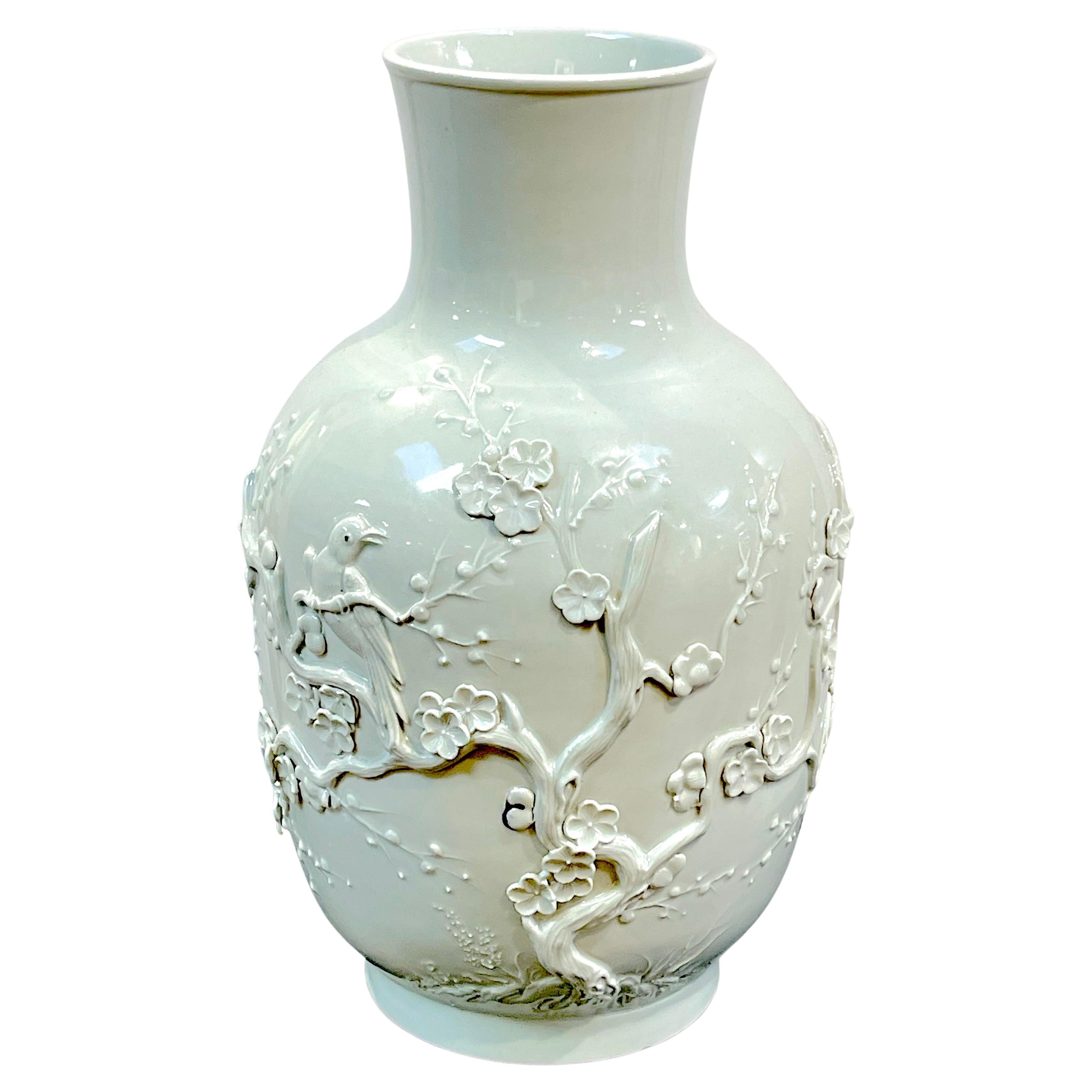 Chinese Export Blanc de Chine Prunus & Bird Motif Relief Vase, Bulbous  For Sale