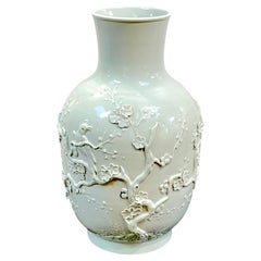 Chinese Export Blanc de Chine Prunus & Bird Motif Relief Vase, Bulbous 