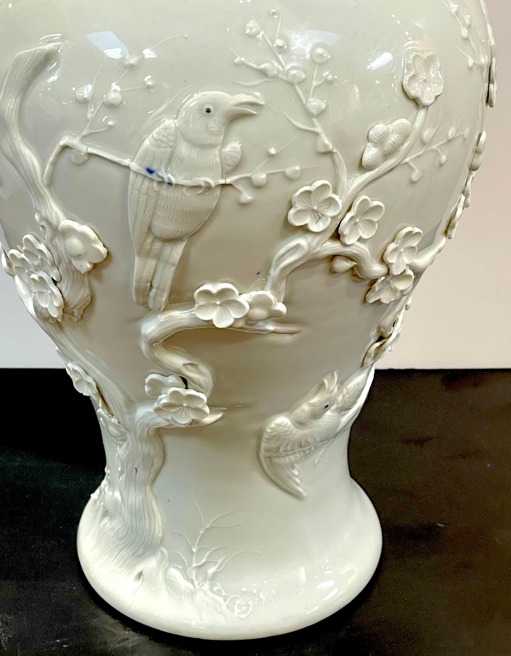 Chinese Export Blanc de Chine Prunus & Bird Motif Relief Vase, Slender  In Good Condition In West Palm Beach, FL