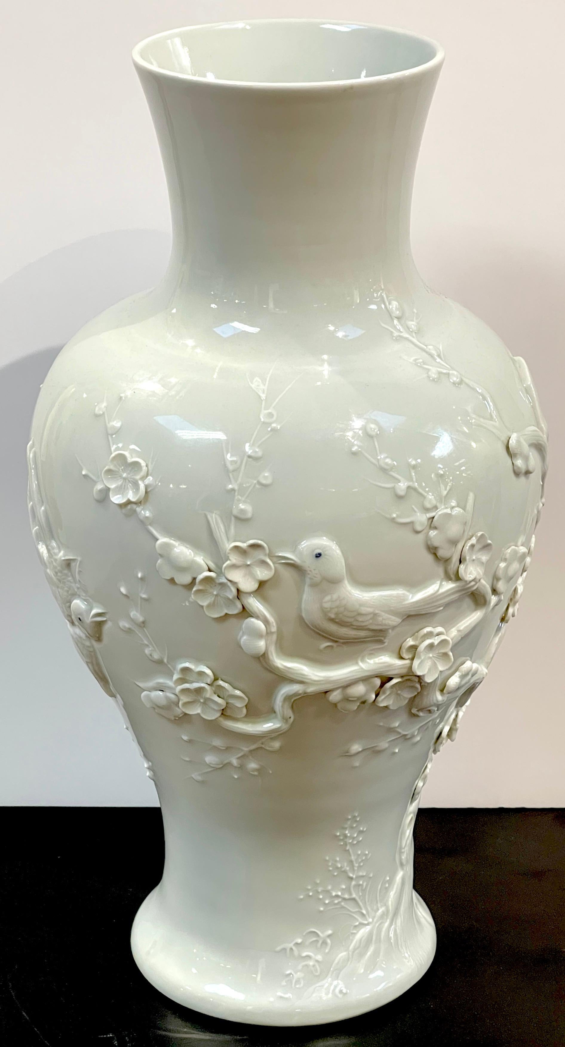 Porcelain Chinese Export Blanc de Chine Prunus & Bird Motif Relief Vase, Slender 