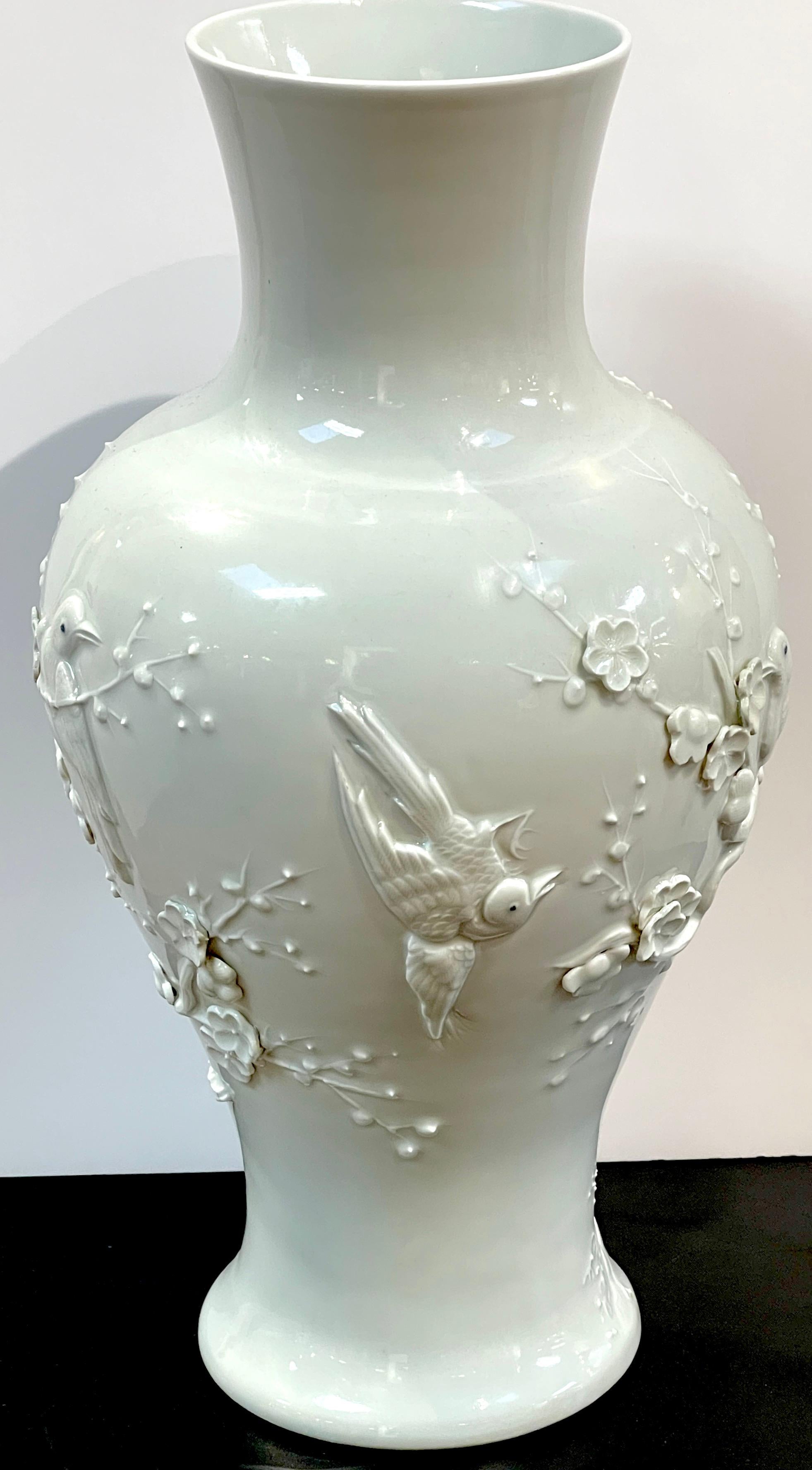 Chinese Export Blanc de Chine Prunus & Bird Motif Relief Vase, Slender  1