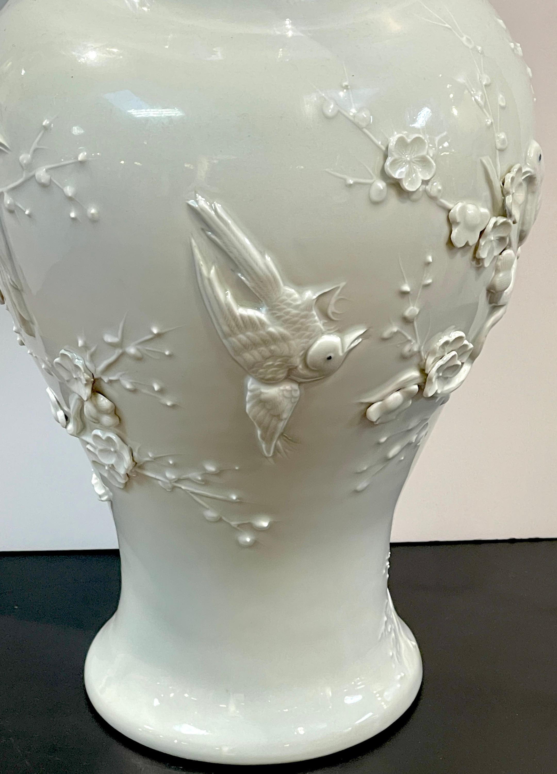 Chinese Export Blanc de Chine Prunus & Bird Motif Relief Vase, Slender  2