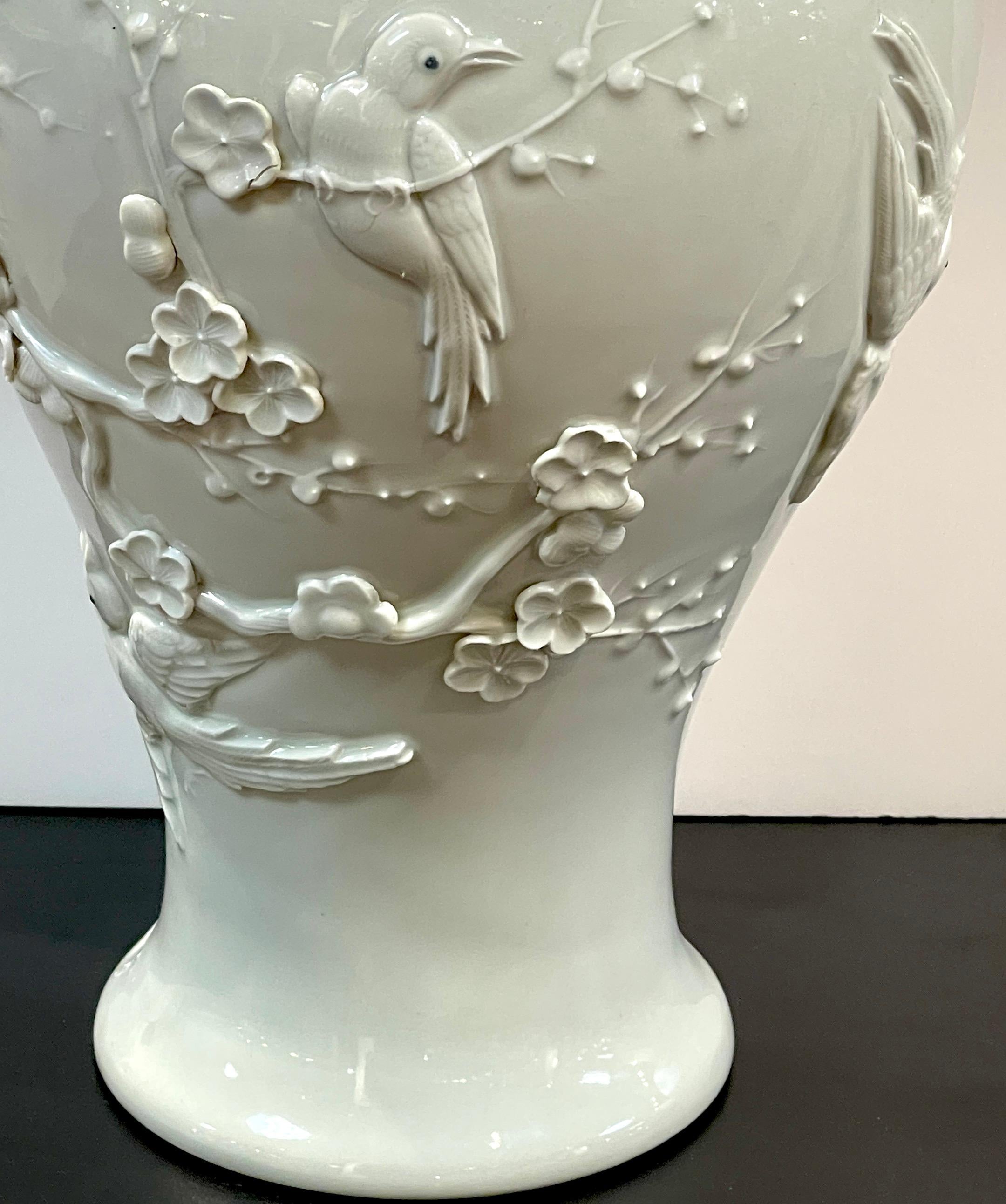 Chinese Export Blanc de Chine Prunus & Bird Motif Relief Vase, Slender  3