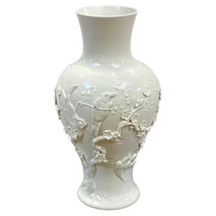 Chinese Export Blanc de Chine Prunus & Bird Motif Relief Vase, Slender 