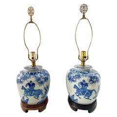 Chinese Export Blue and White Hand Painted Ginger Jar Lamps, Pair