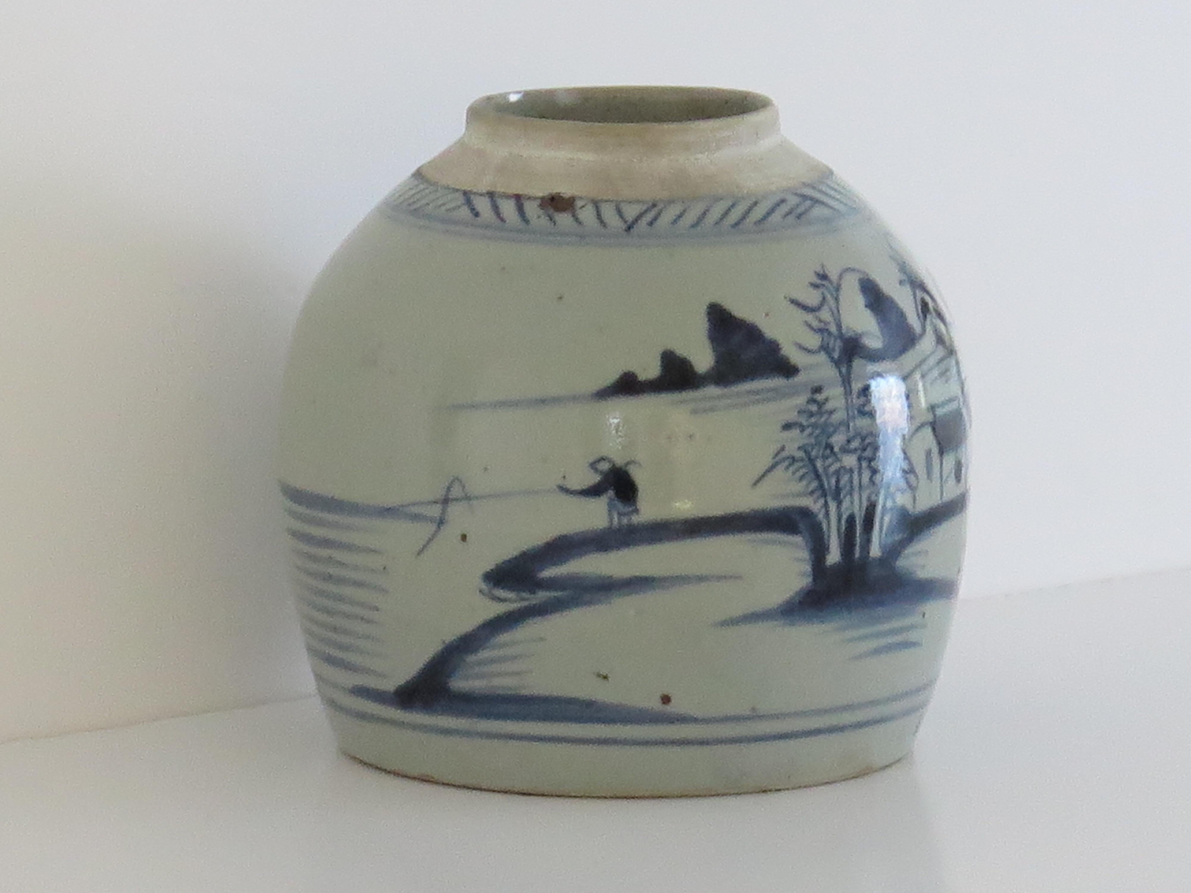 Hand-Painted Chinese Export Blue and White Jar Porcelain Hand Painted, Qing 18th Century For Sale