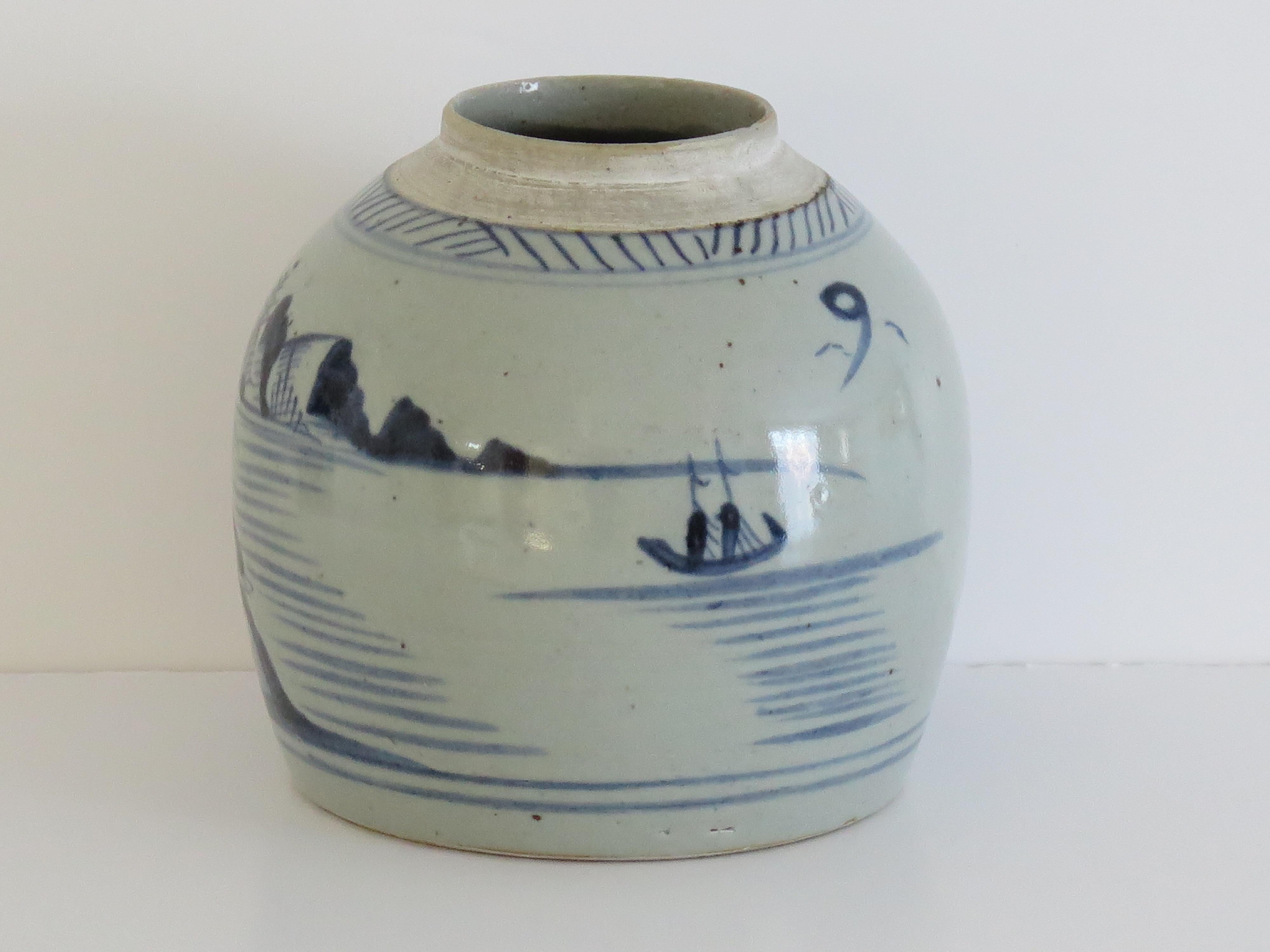 Chinese Export Blue and White Jar Porcelain Hand Painted, Qing 18th Century For Sale 1