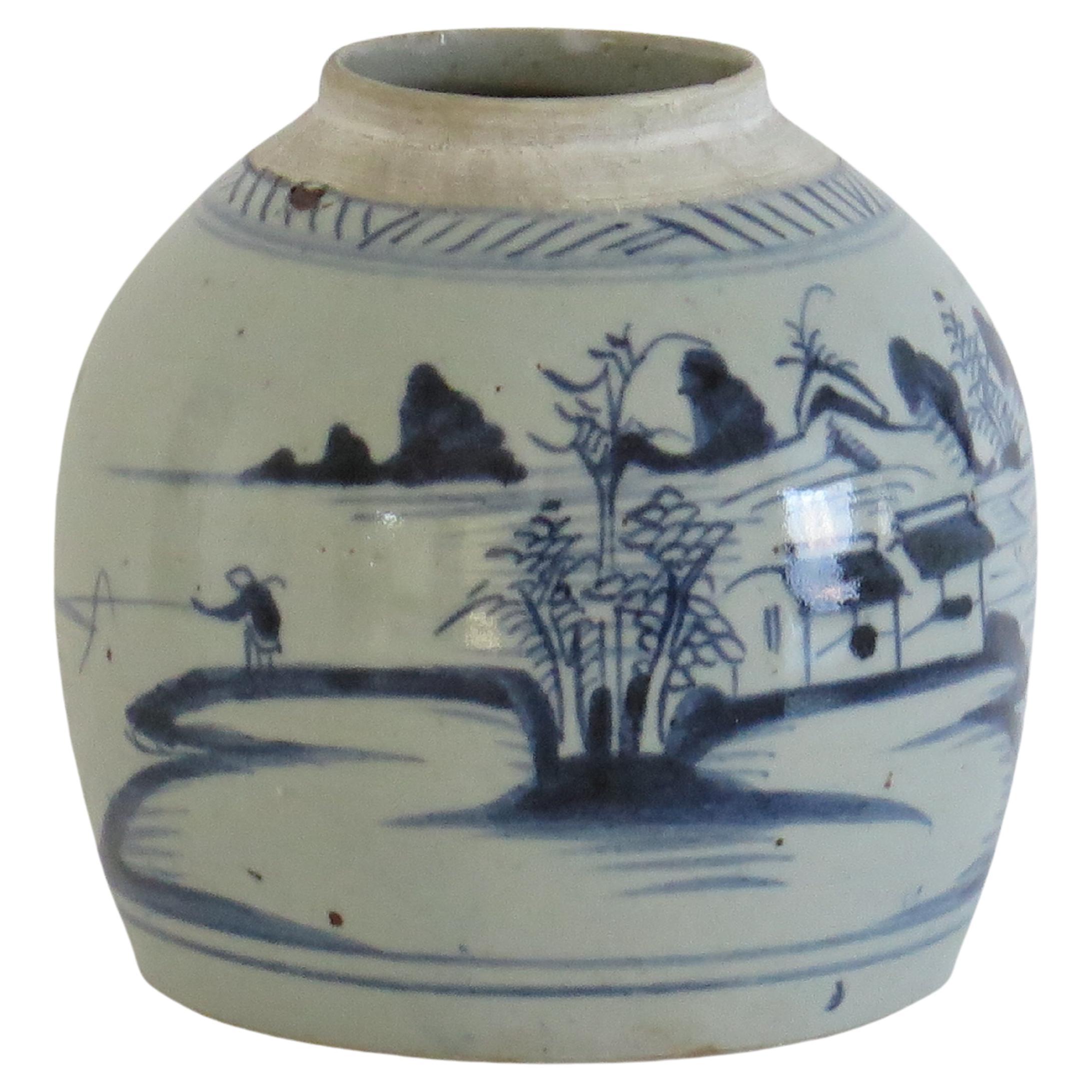 Chinese Export Blue and White Jar Porcelain Hand Painted, Qing 18th Century For Sale