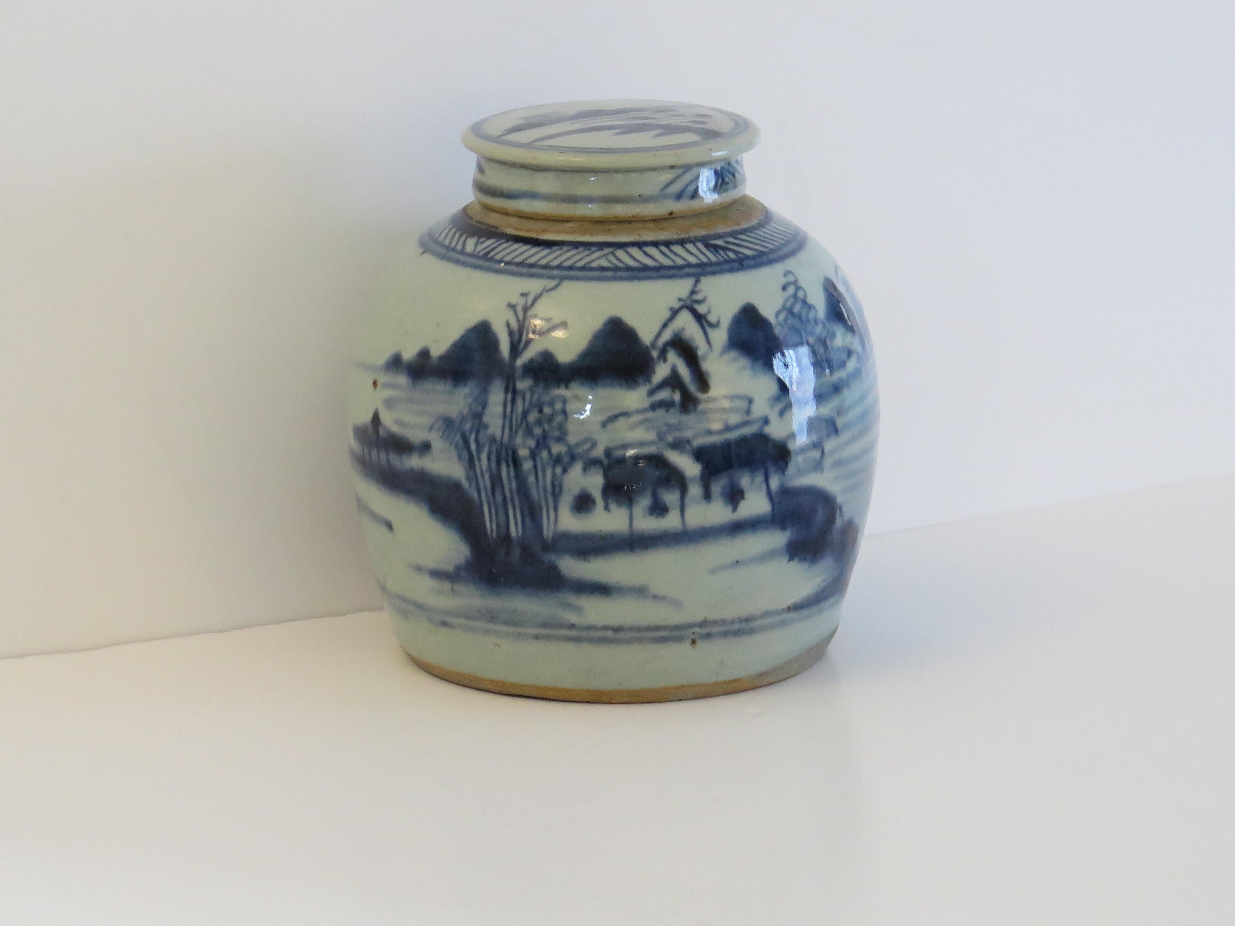 Hand-Painted Chinese Export Blue and White Lidded Jar  Porcelain Hand Painted, Qing 18th C For Sale