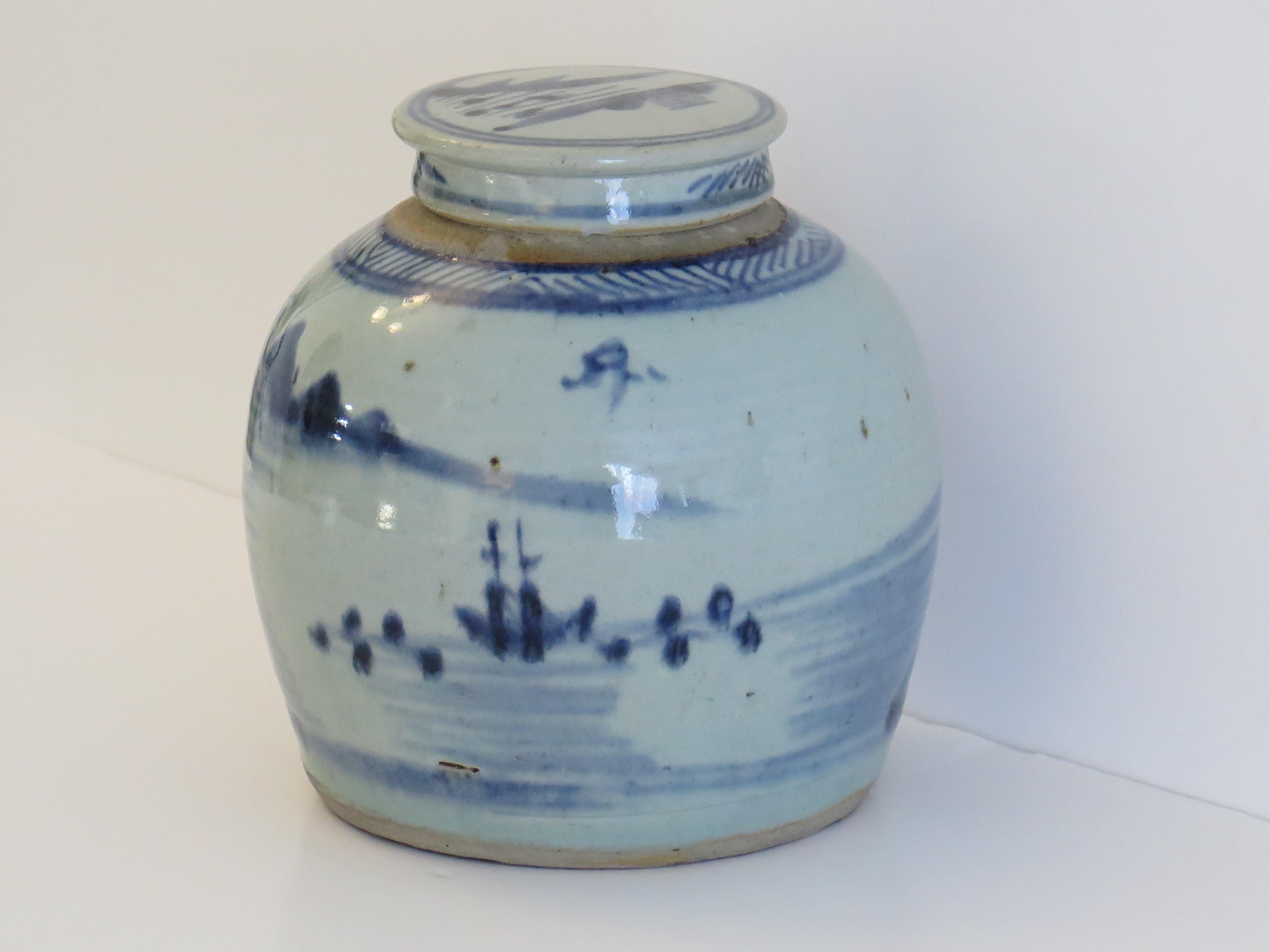 Chinese Export Blue and White Lidded Jar  Porcelain Hand Painted, Qing 18th C For Sale 1
