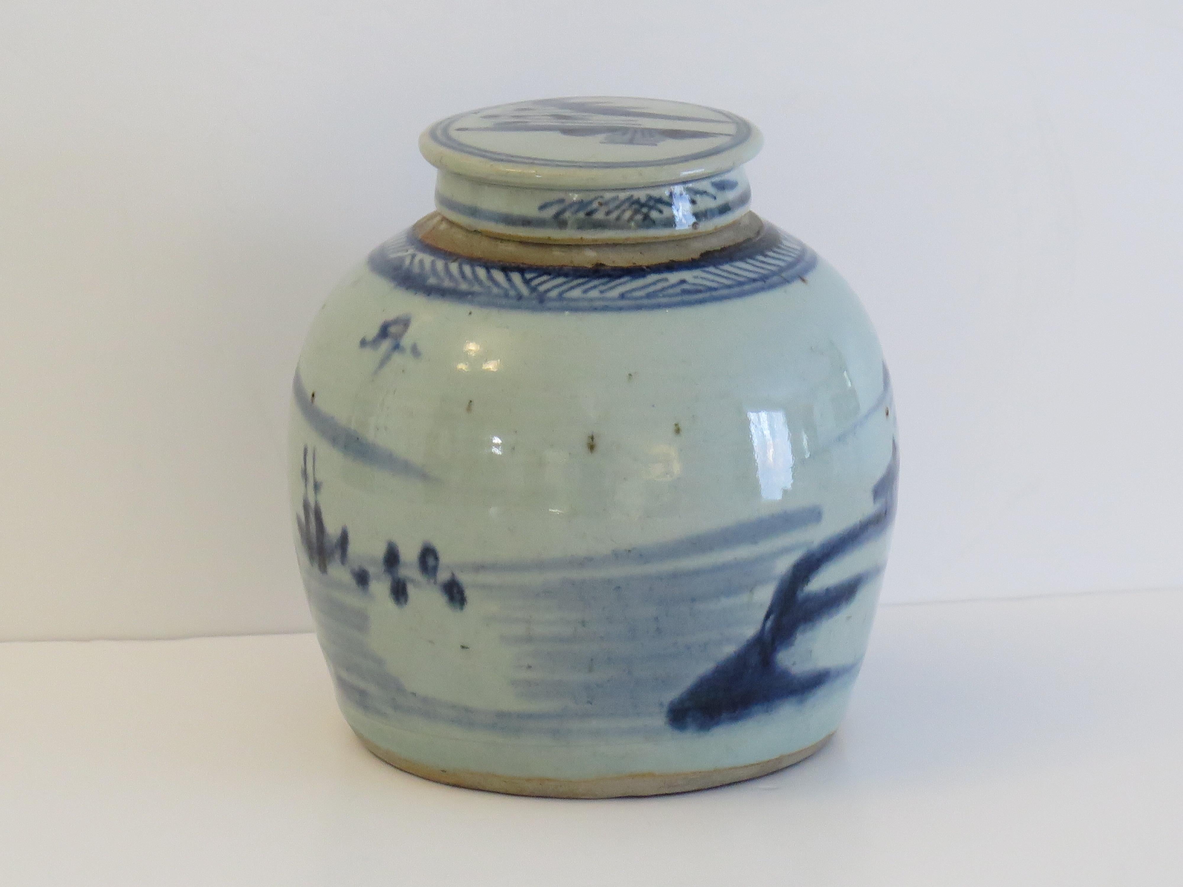 Chinese Export Blue and White Lidded Jar  Porcelain Hand Painted, Qing 18th C For Sale 2