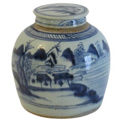 Chinese Export Blue and White Lidded Jar  Porcelain Hand Painted, Qing 18th C