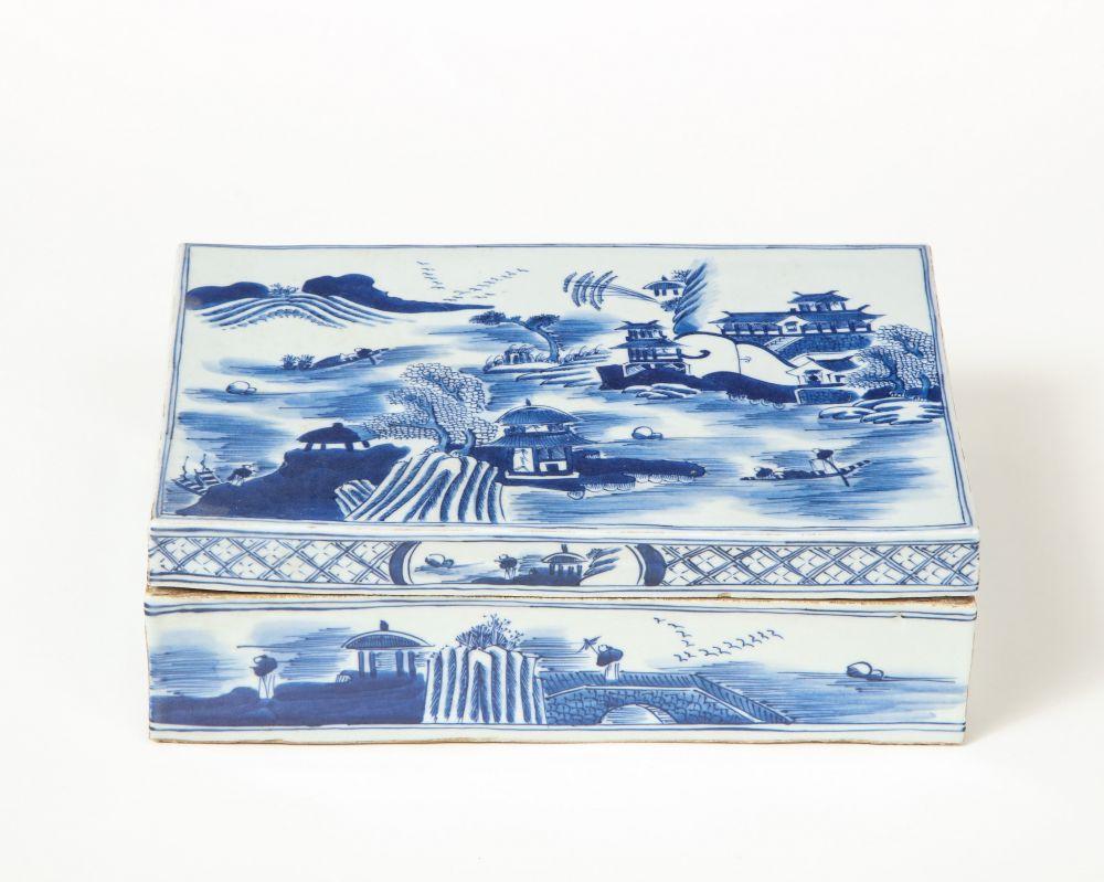 Decorated in cobalt blue with pagodas in a riverscape; interior fitted with six compartments.
