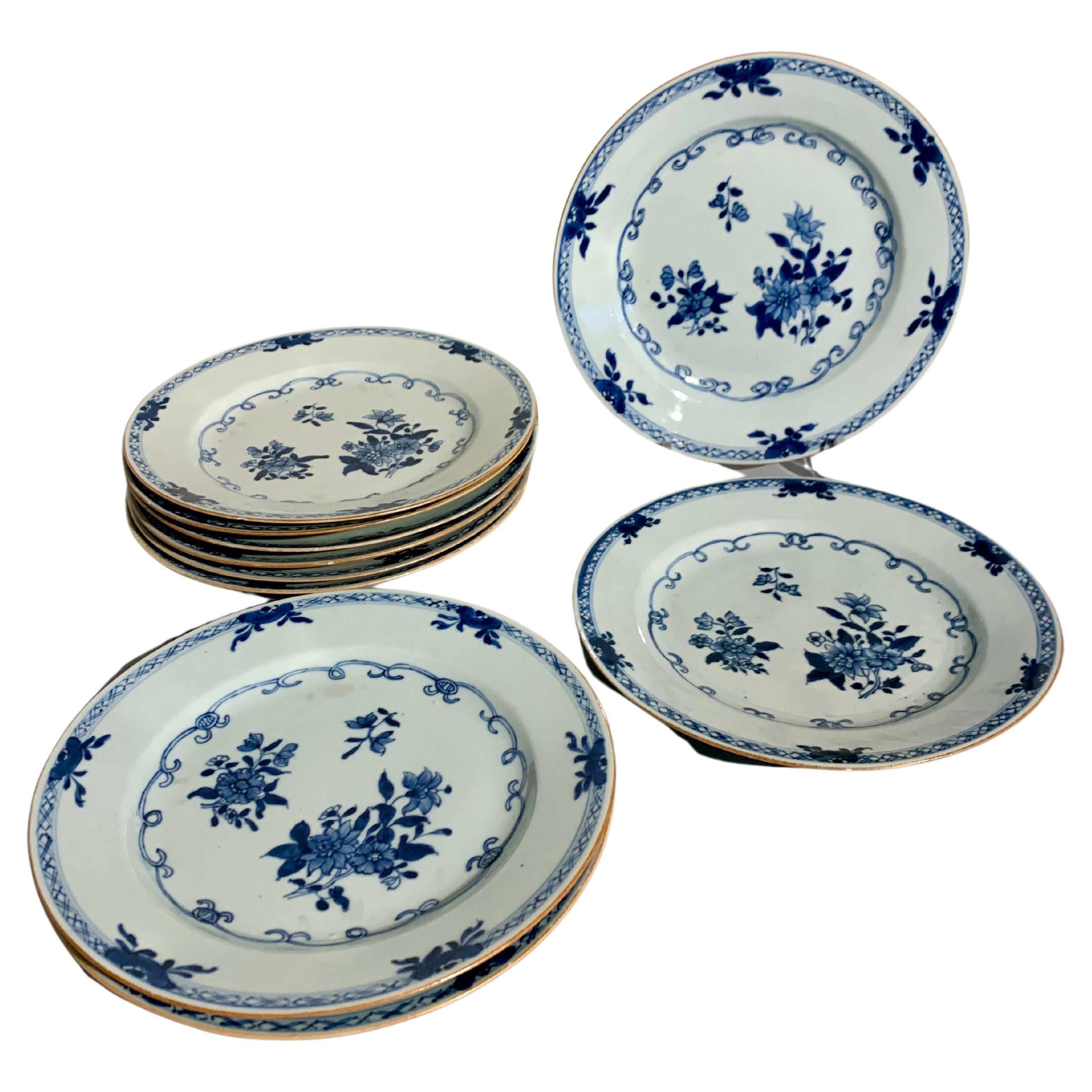 Chinese Export Blue and White Porcelain Plates, Set of 10, 18th Century, China For Sale