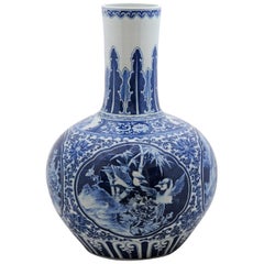Antique Chinese Export Blue and White Porcelain Vase with Flowers, Landscapes and Birds