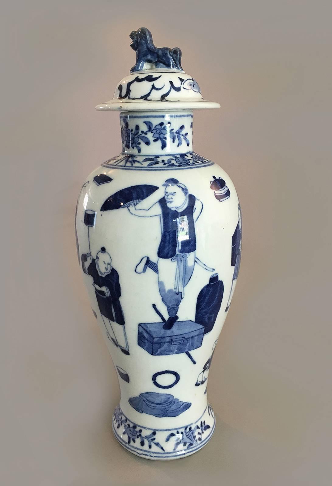 Painted Chinese Export Blue and White Vase and Lid