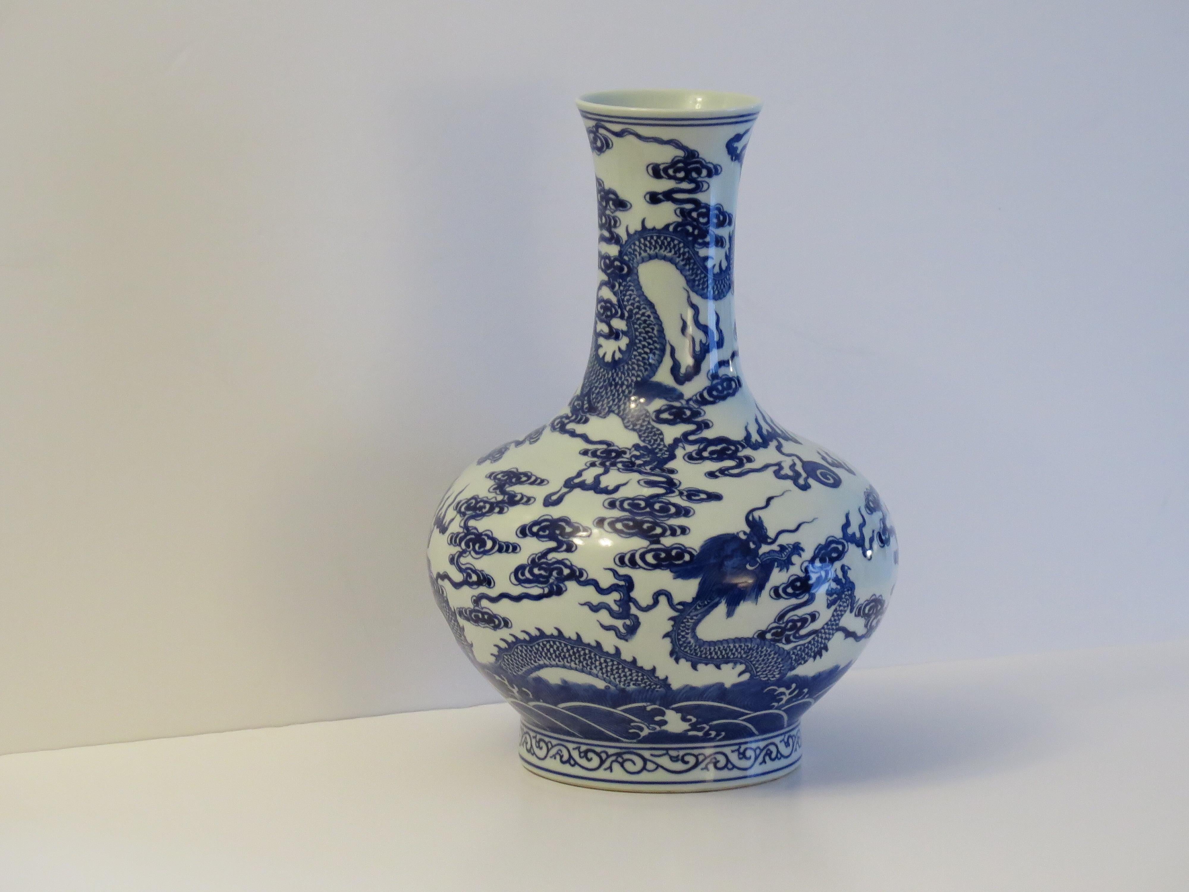 Hand-Painted Chinese Export Blue & White Bottle Vase Porcelain hand painted, Circa 1950s For Sale