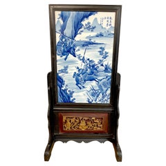 Antique Chinese Export Blue & White Hunt Scene Table Screen