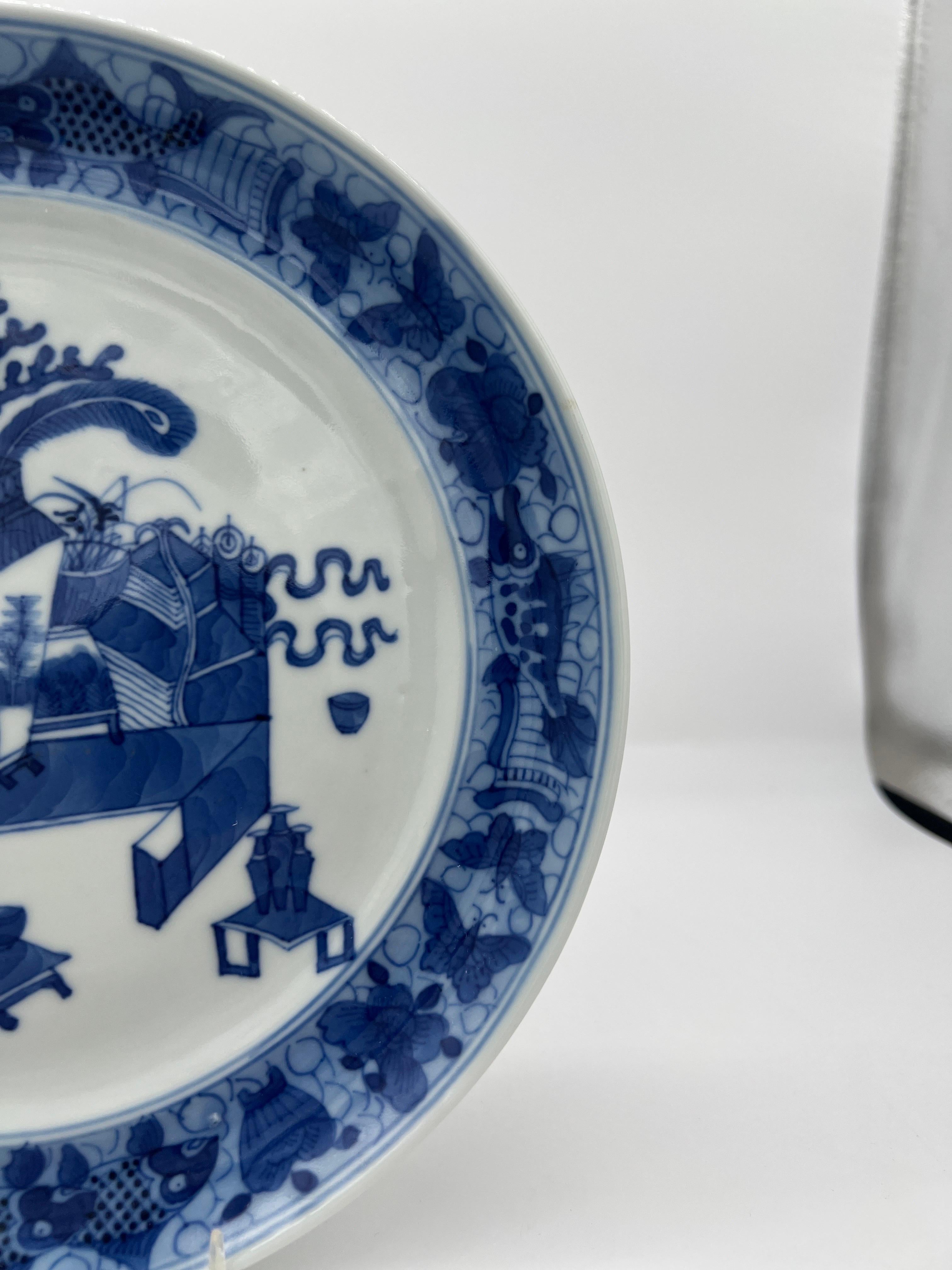 Chinese Export Chinese export blue & white plate, ‘precious objects’, c.1780 For Sale