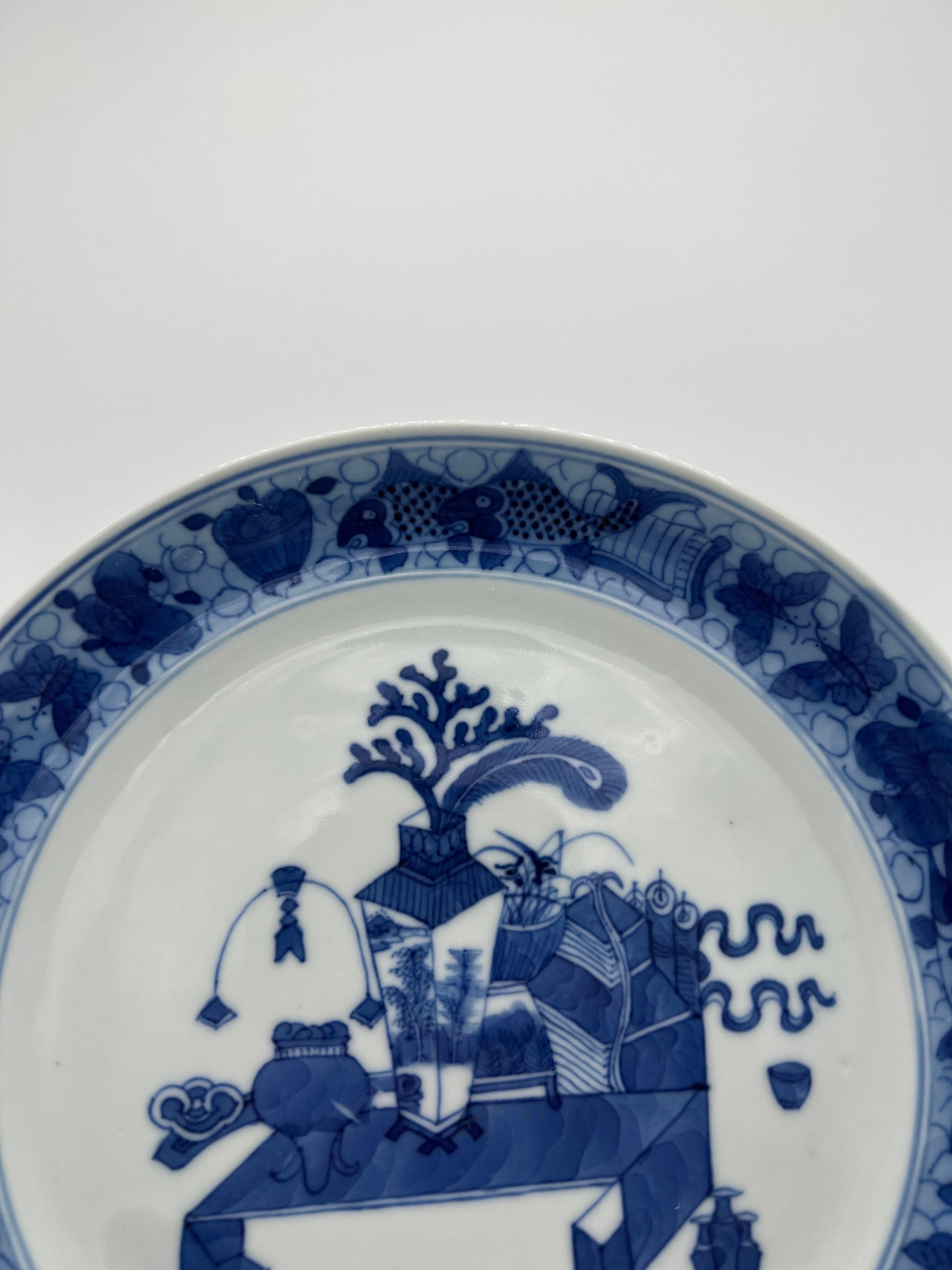 18th Century and Earlier Chinese export blue & white plate, ‘precious objects’, c.1780 For Sale