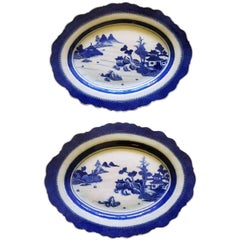 Antique Chinese Export Blue & White Porcelain Large Silver-Form Shaped Dishes
