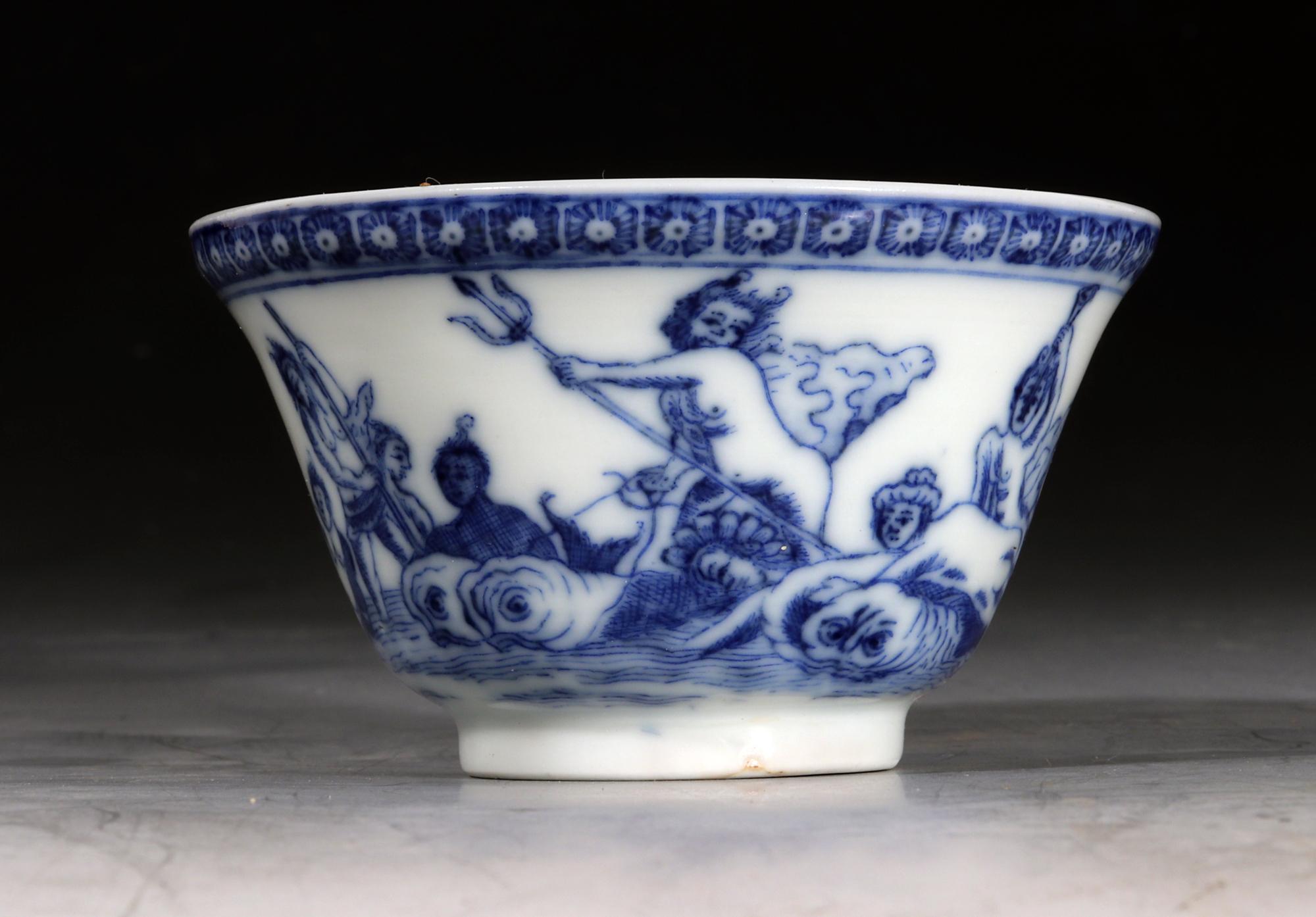 Mid-18th Century Yongzheng Period Chinese Export Blue & White Tea Bowl and Saucer Showing Neptune