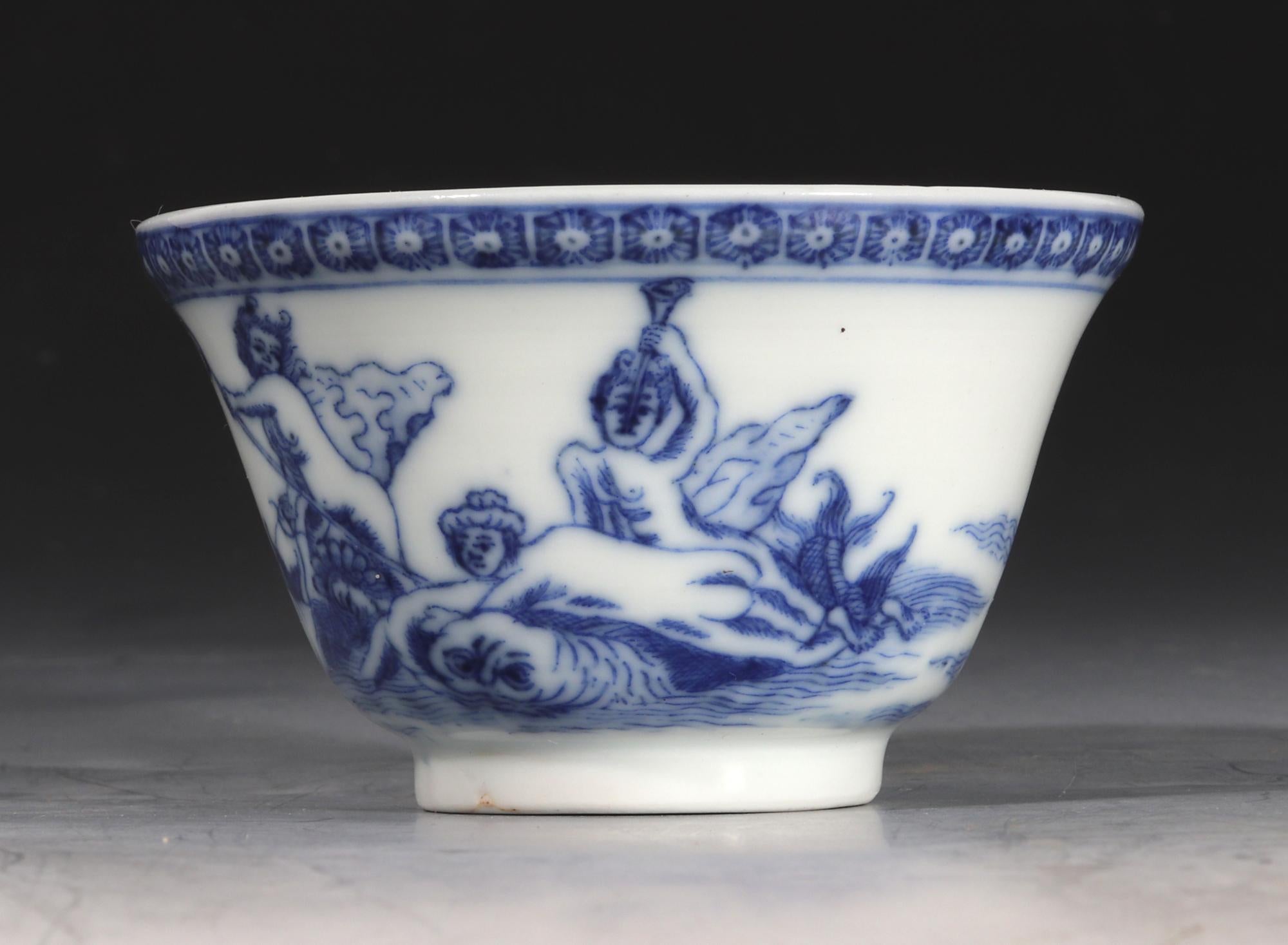 Porcelain Chinese Export Blue & White Tea Bowl and Saucer, Neptune, the God of Sea For Sale