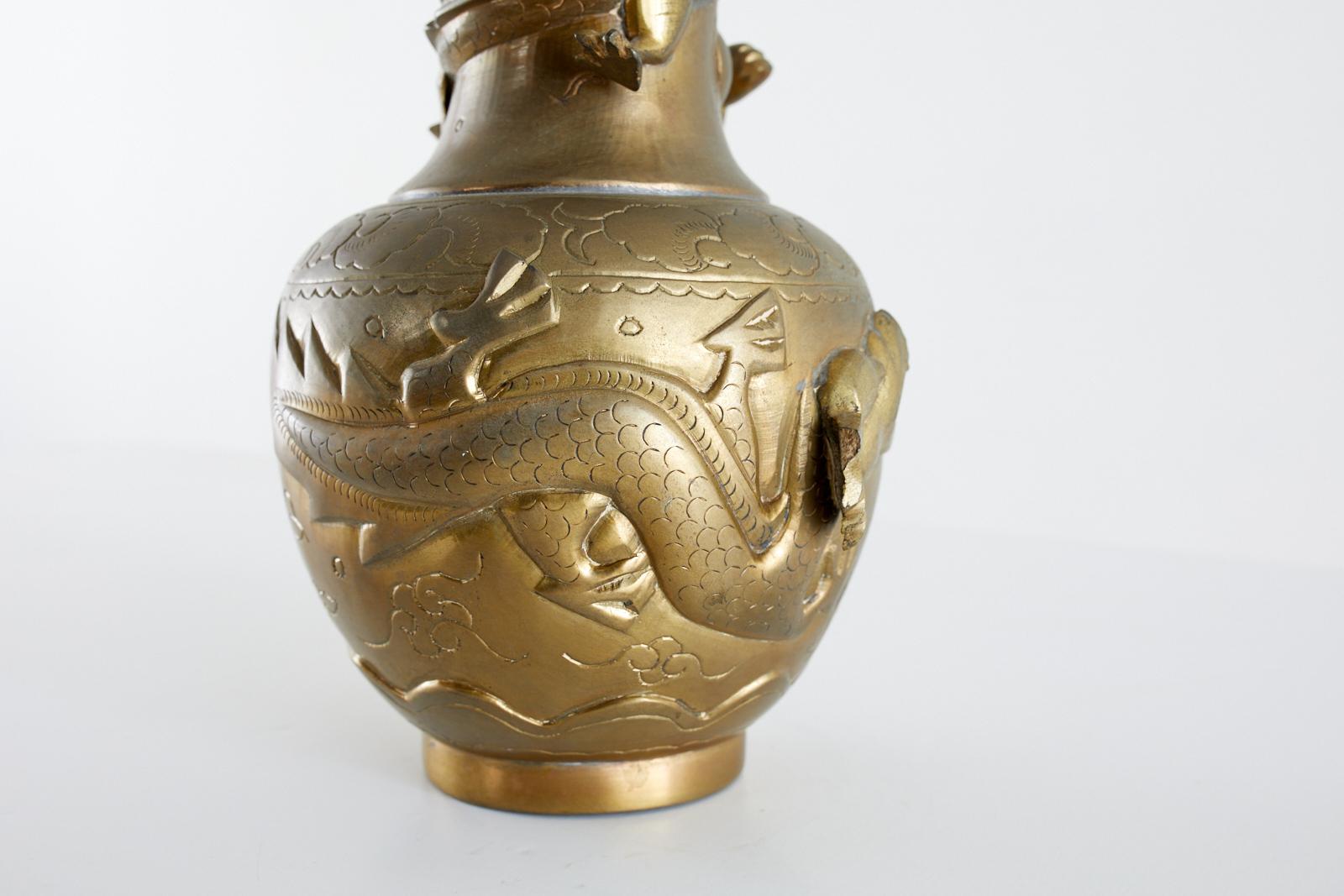Chinese Export Brass High Relief Dragon Vase 2