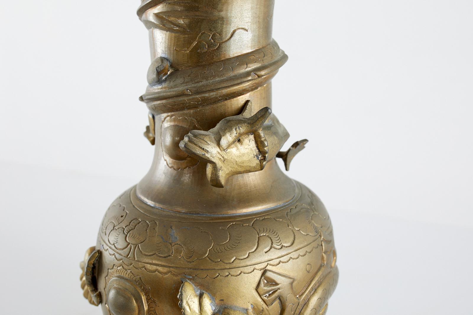 Hand-Crafted Chinese Export Brass High Relief Dragon Vase