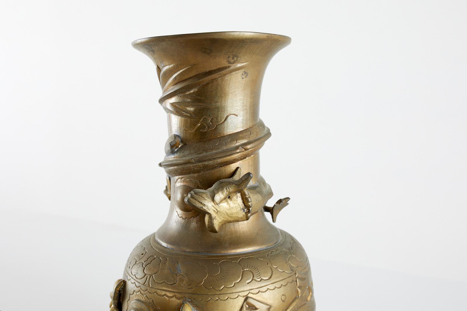 20th Century Chinese Export Brass High Relief Dragon Vase