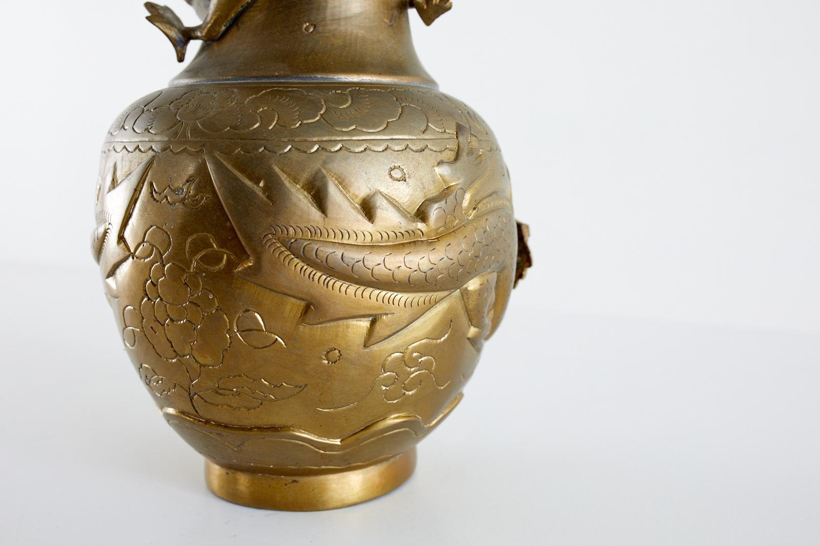 Chinese Export Brass High Relief Dragon Vase 1