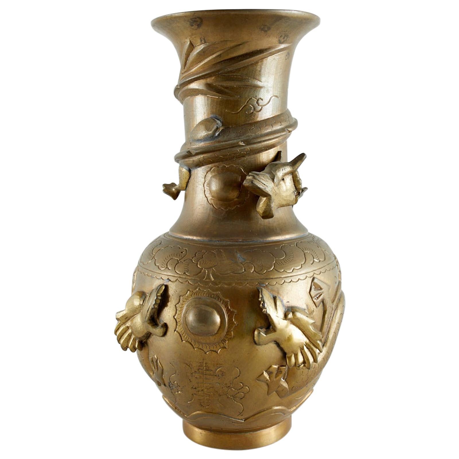 Chinese Export Brass High Relief Dragon Vase