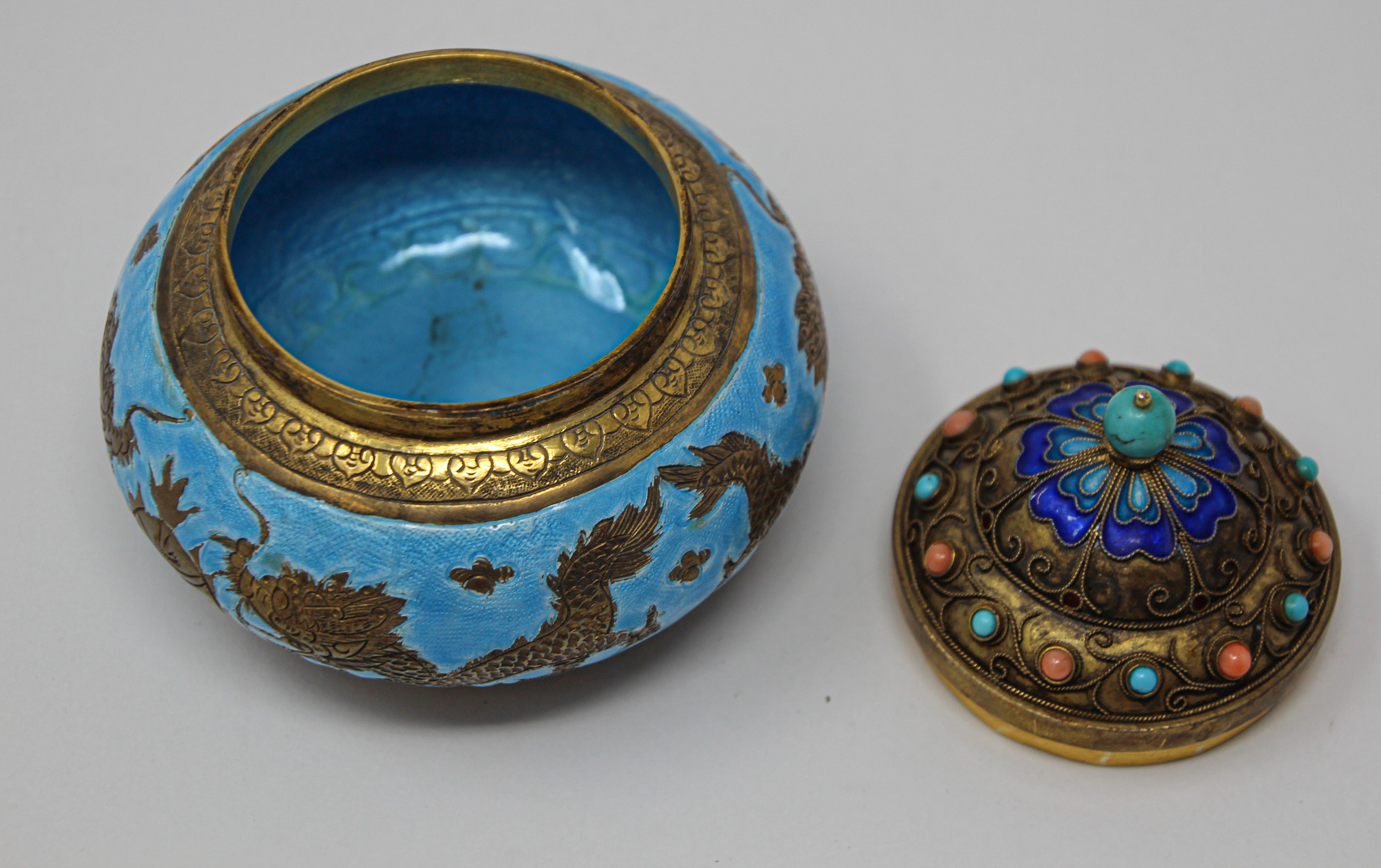 Chinese Export Brass Snuff Box with Turquoise Enamel Dragons and Beads Inlaid 8
