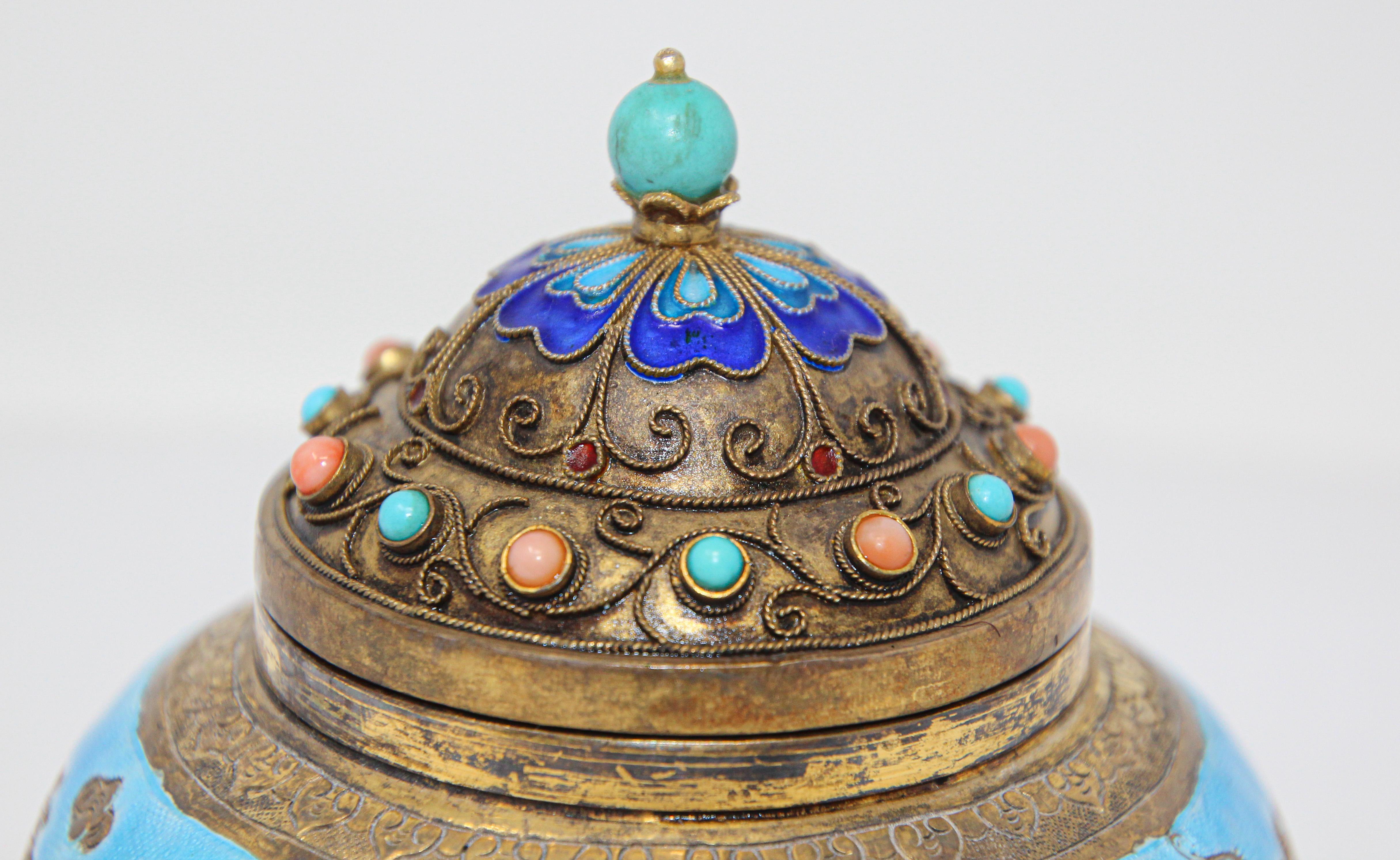 Beaded Chinese Export Brass Snuff Box with Turquoise Enamel Dragons and Beads Inlaid