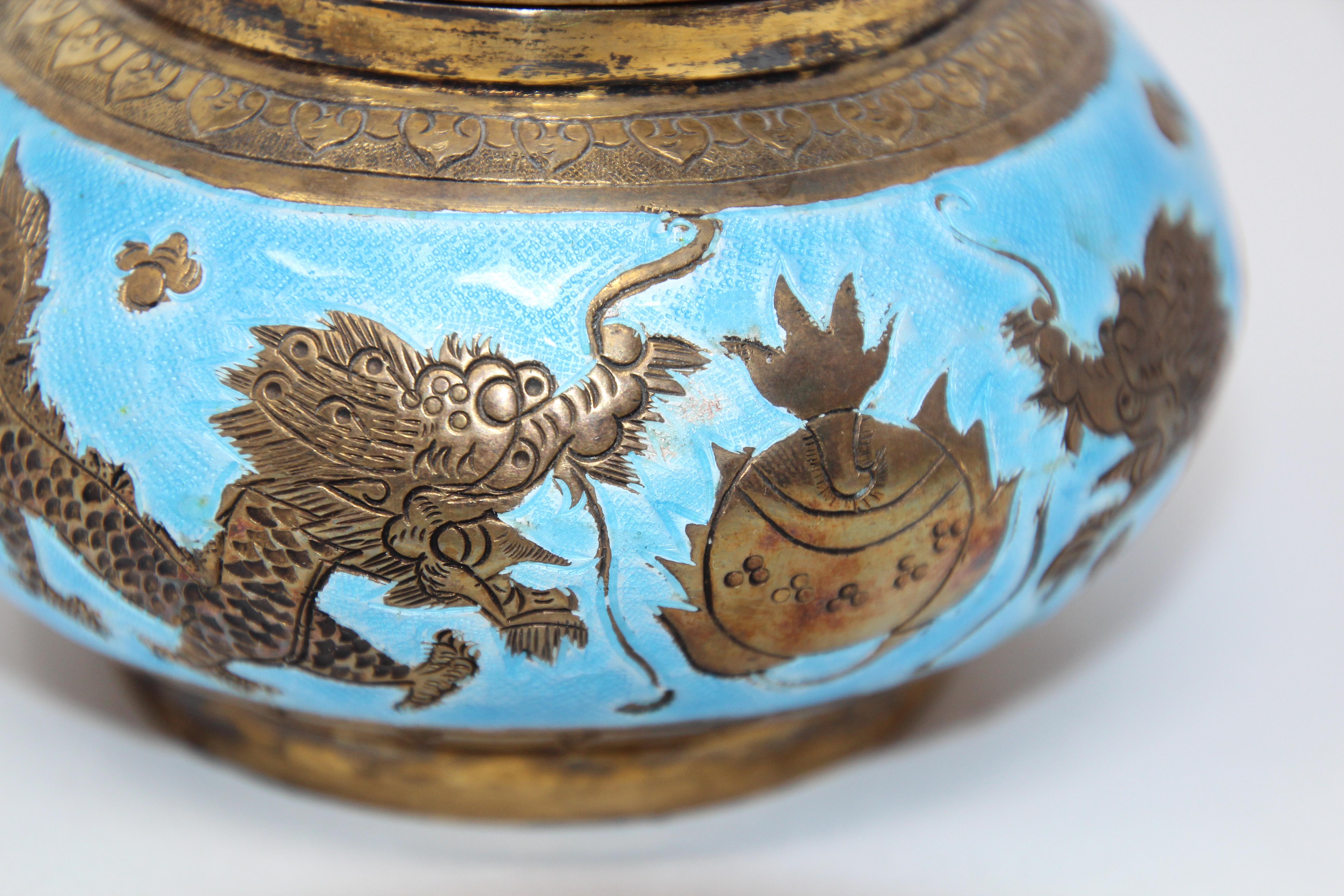 Metal Chinese Export Brass Snuff Box with Turquoise Enamel Dragons and Beads Inlaid