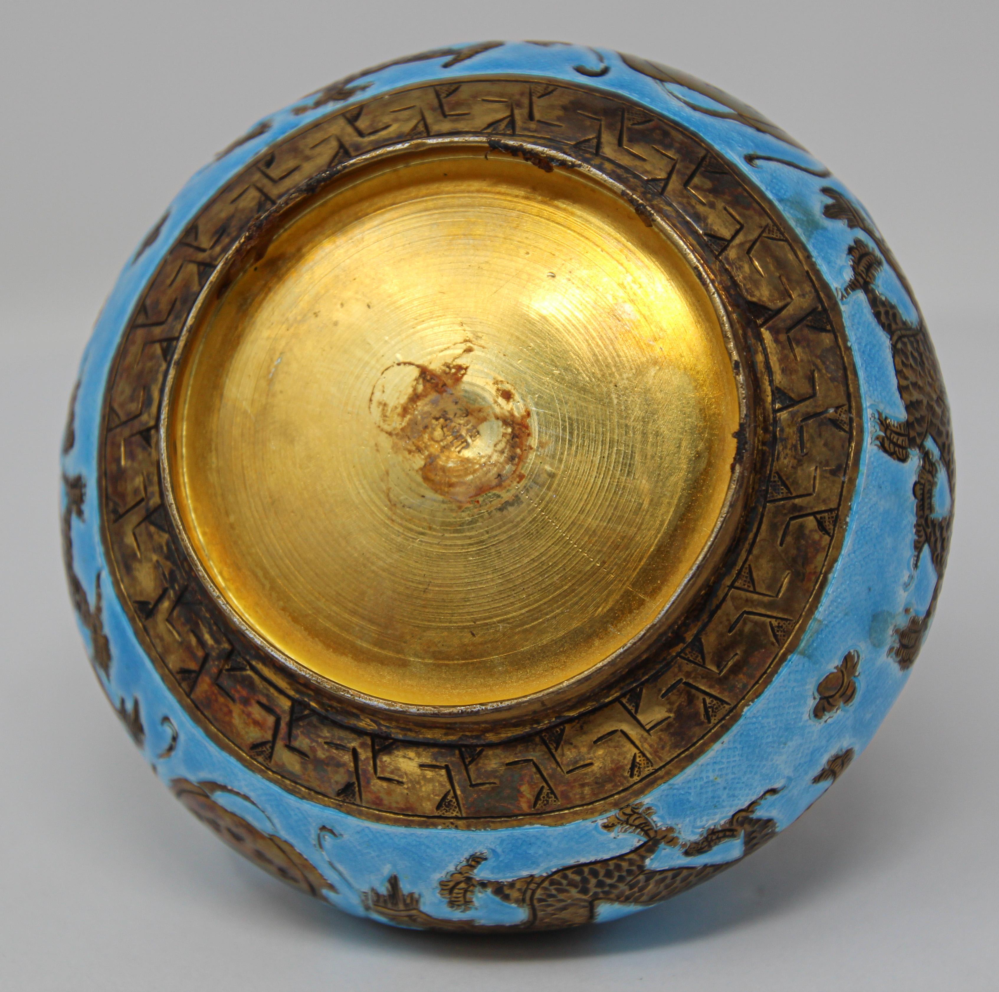 Chinese Export Brass Snuff Box with Turquoise Enamel Dragons and Beads Inlaid 1