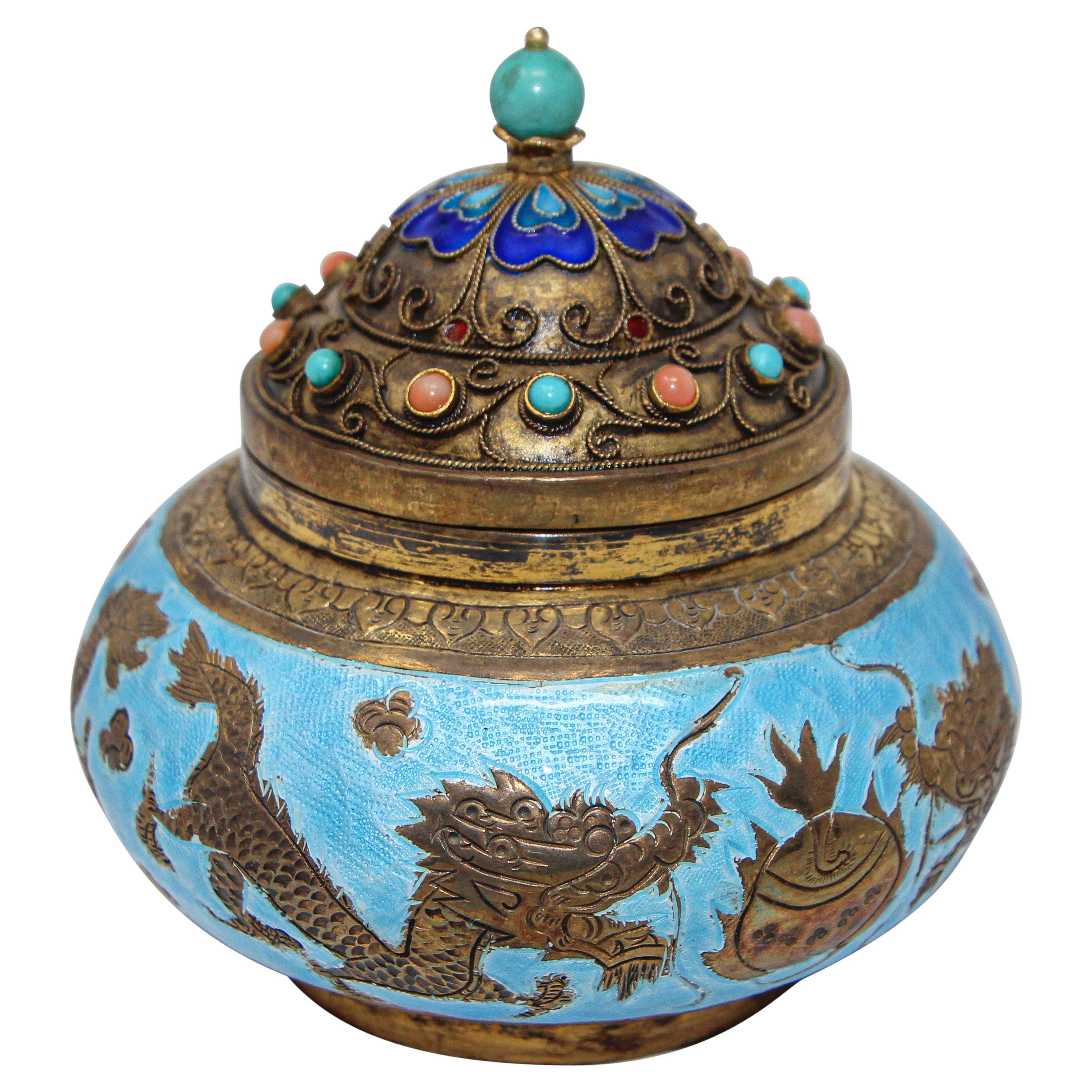 Chinese Export Brass Snuff Box with Turquoise Enamel Dragons and Beads Inlaid