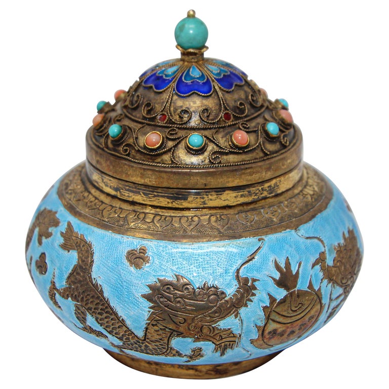 Chinese Export Brass Snuff Box with Turquoise Enamel Dragons and Beads ...