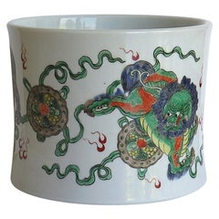 Chinese Export Brush Pot or Bitong Porcelain, Hand Painted with Three Lion Dogs