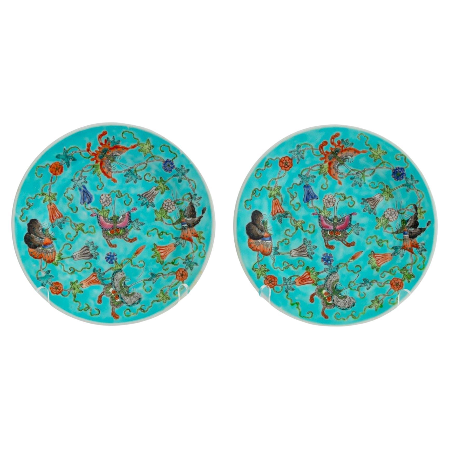Chinese Export Butterfly Motif Turquoise Plates, 2