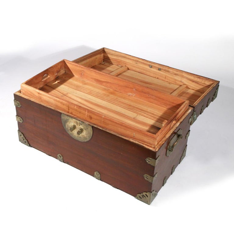 Chinese Camphor Wood Sailor's Large BrassBound Sea or Campaign Chest and Lock For Sale at 1stDibs