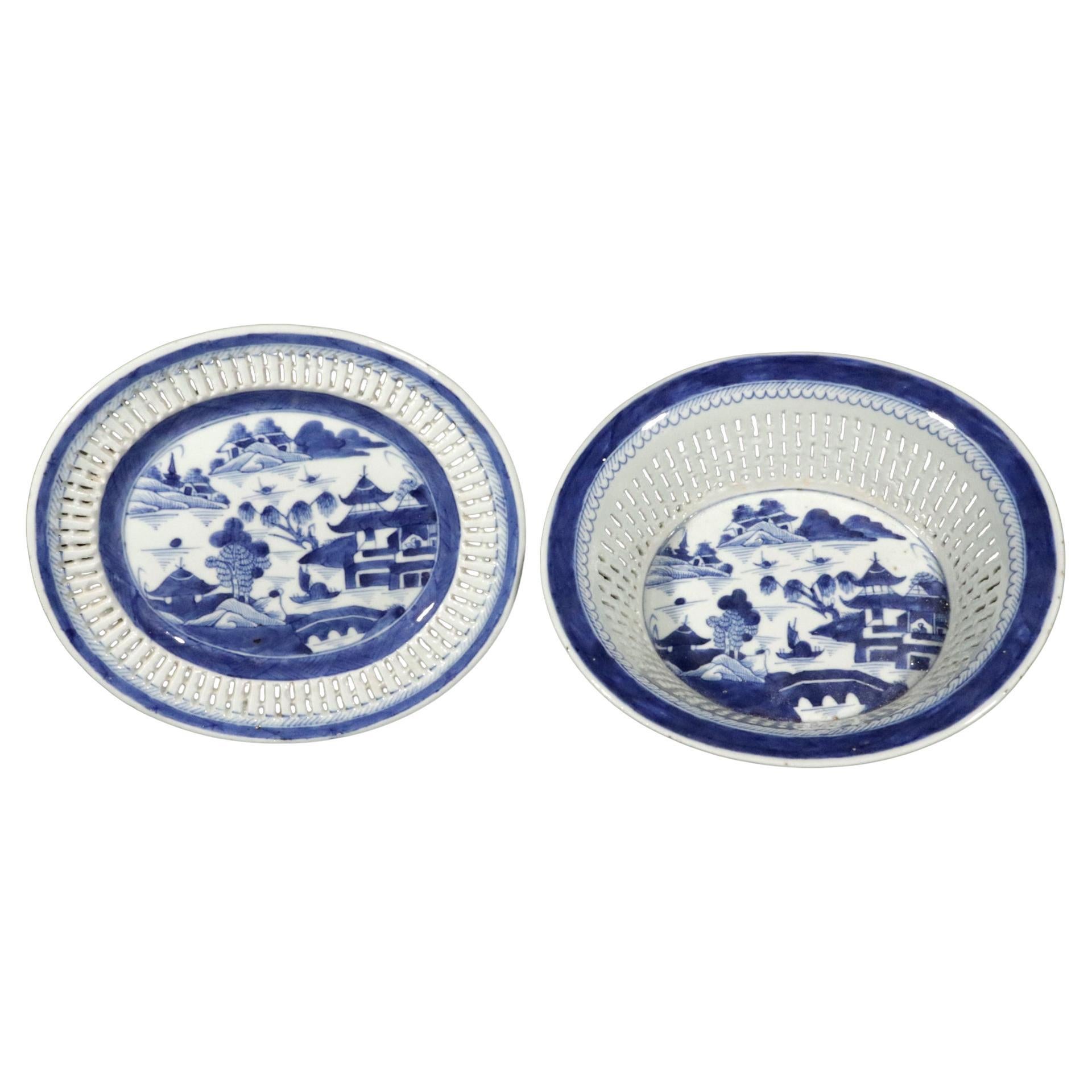 Chinese Export Canton Blue & White Chestnut Basket and Stand
Circa 1810-1820

Description
This is a two-piece Chinese Export porcelain set consisting of an oval basket and a matching stand. Both pieces are hand-painted in underglaze blue with the