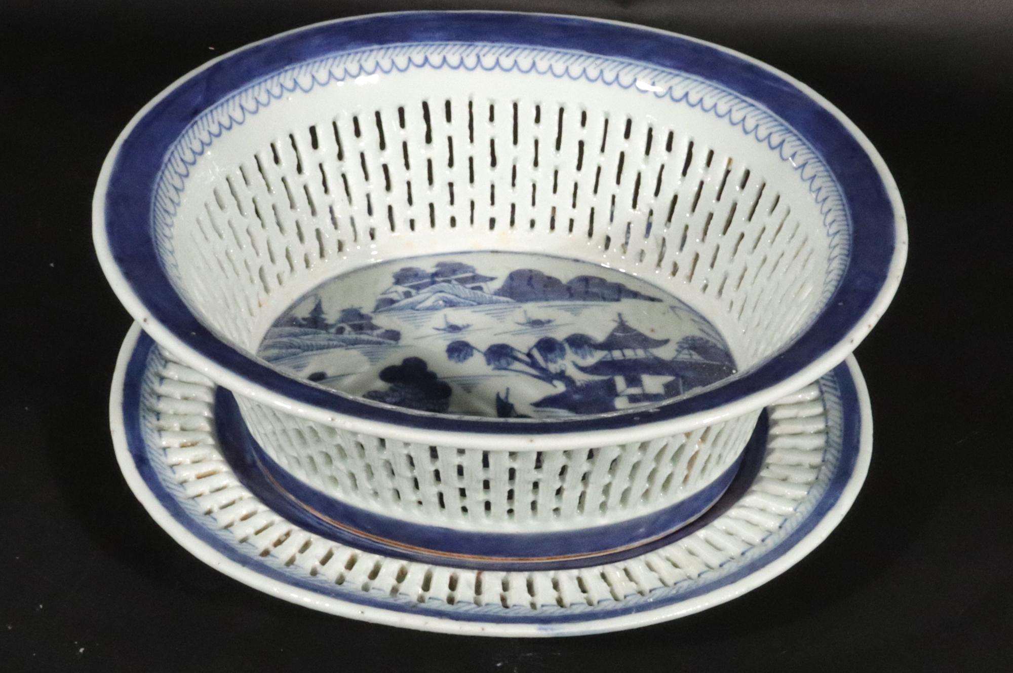 Porcelain Chinese Export Canton Blue & White Chestnut Basket & Stand For Sale