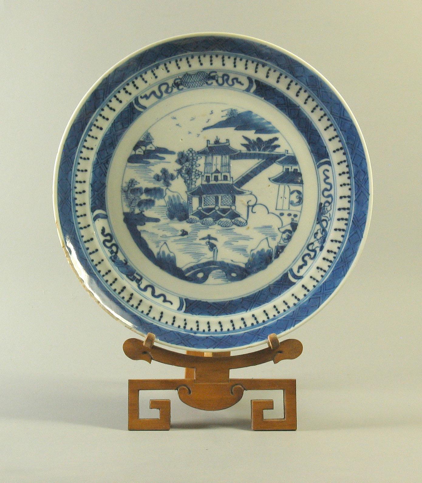 Ceramic Chinese Export Canton Blue and White Plate, circa 1820 For Sale