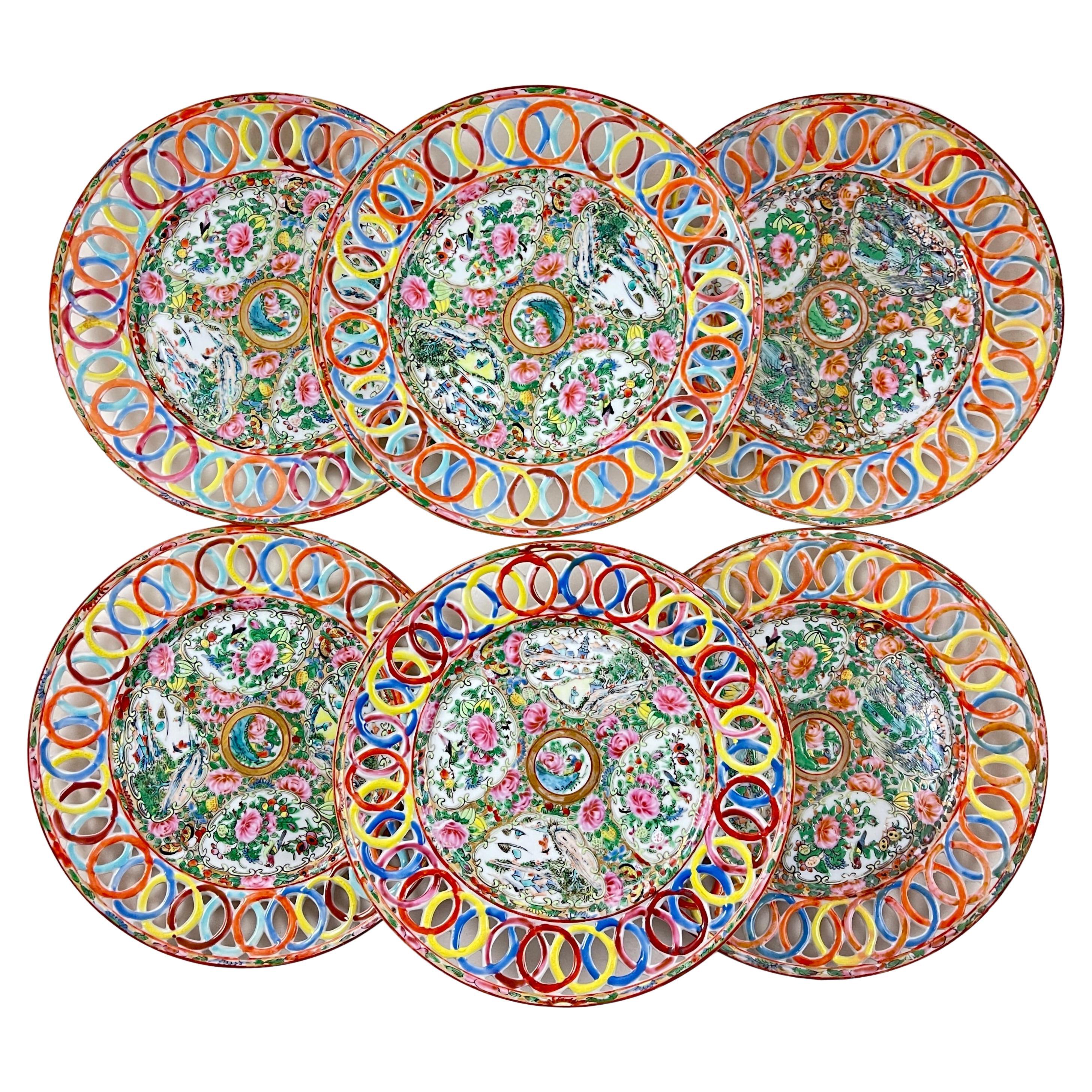 Assiettes à bord réticulées avec médaillon Famille Rose de Canton, lot de 6